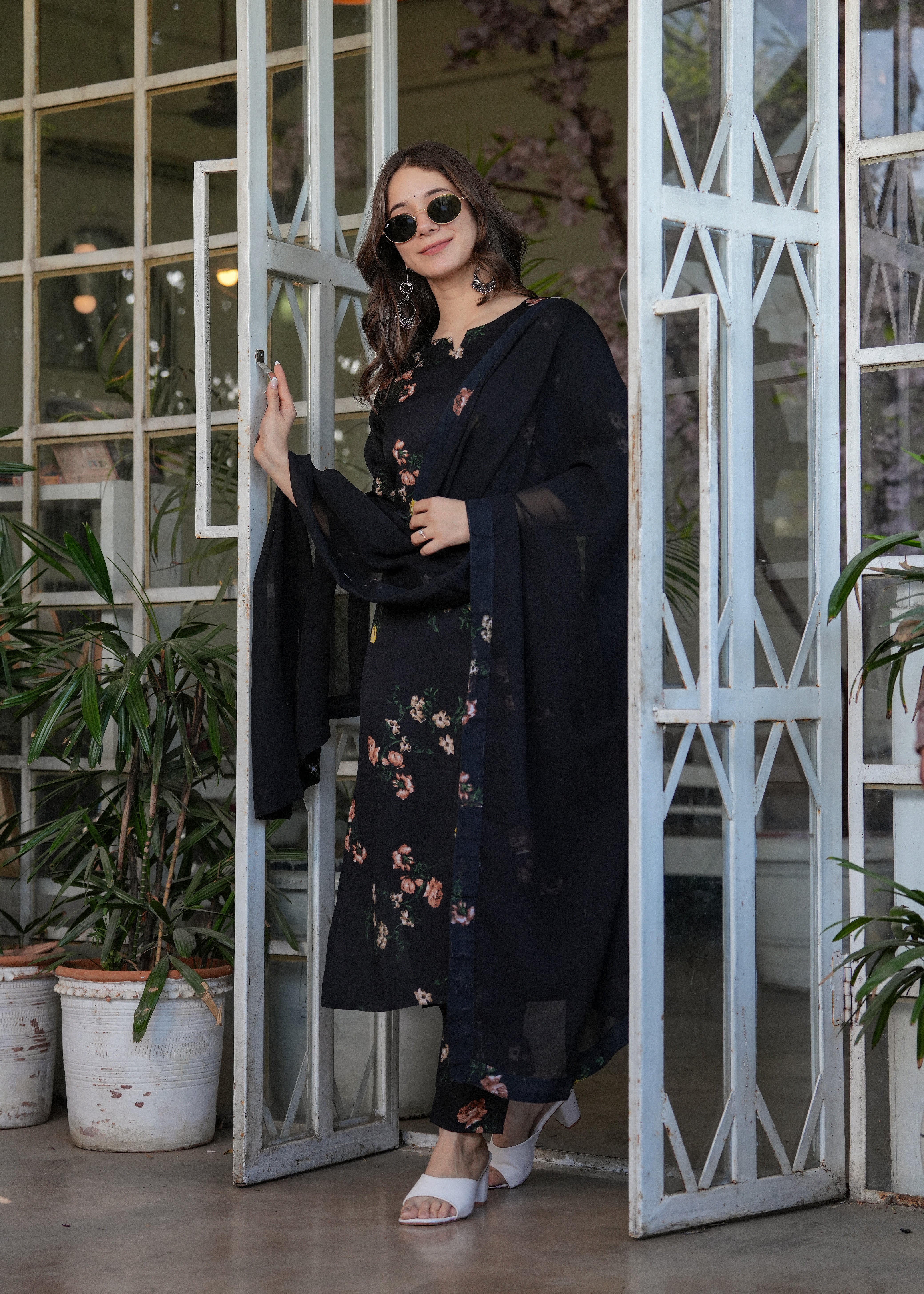 Elegant Black Floral Embroidered Silk Blend Kurti Set with Nazmin Dupatta (3-Piece Set)
