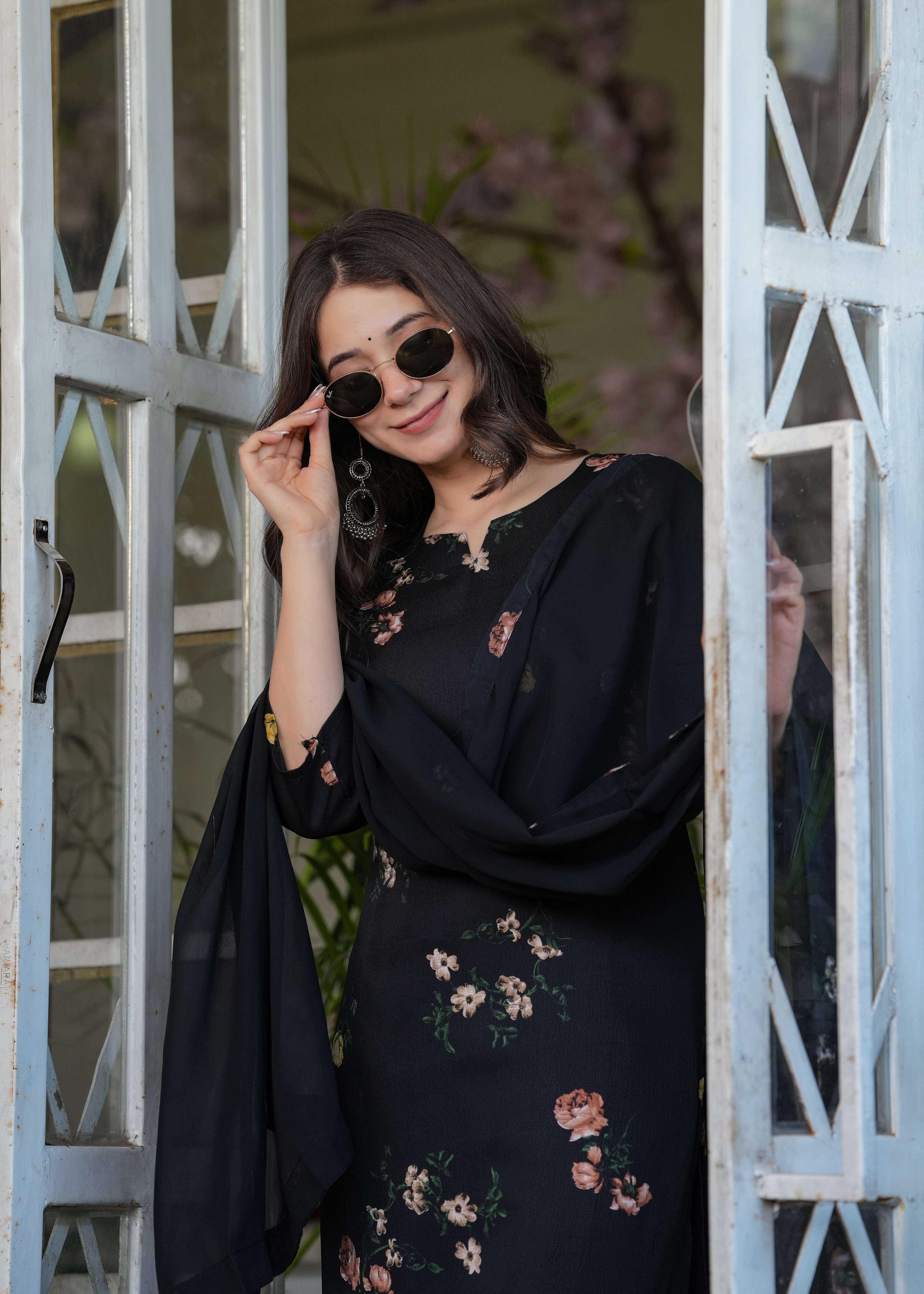 Elegant Black Floral Embroidered Silk Blend Kurti Set with Nazmin Dupatta (3-Piece Set)