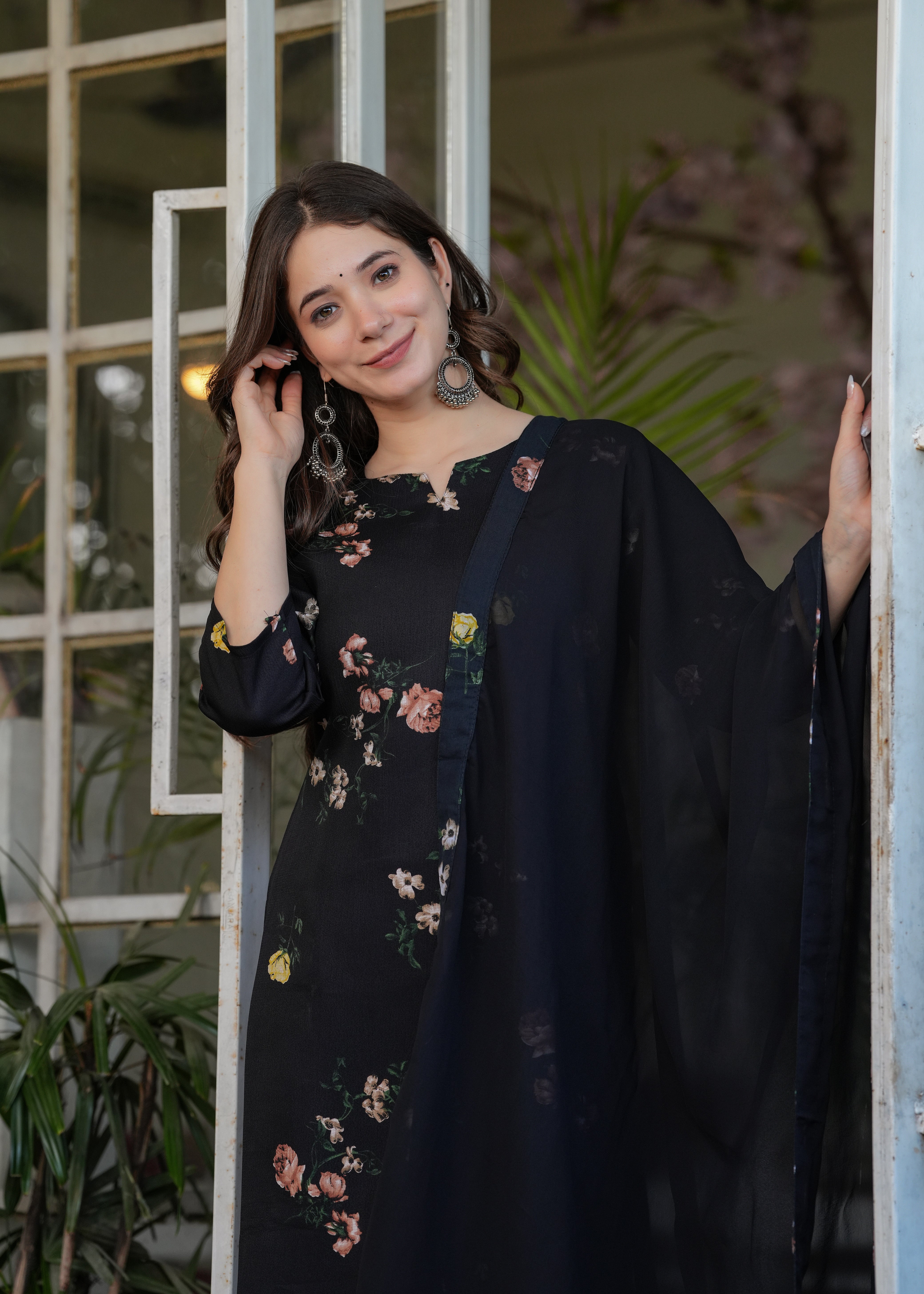 Elegant Black Floral Embroidered Silk Blend Kurti Set with Nazmin Dupatta (3-Piece Set)