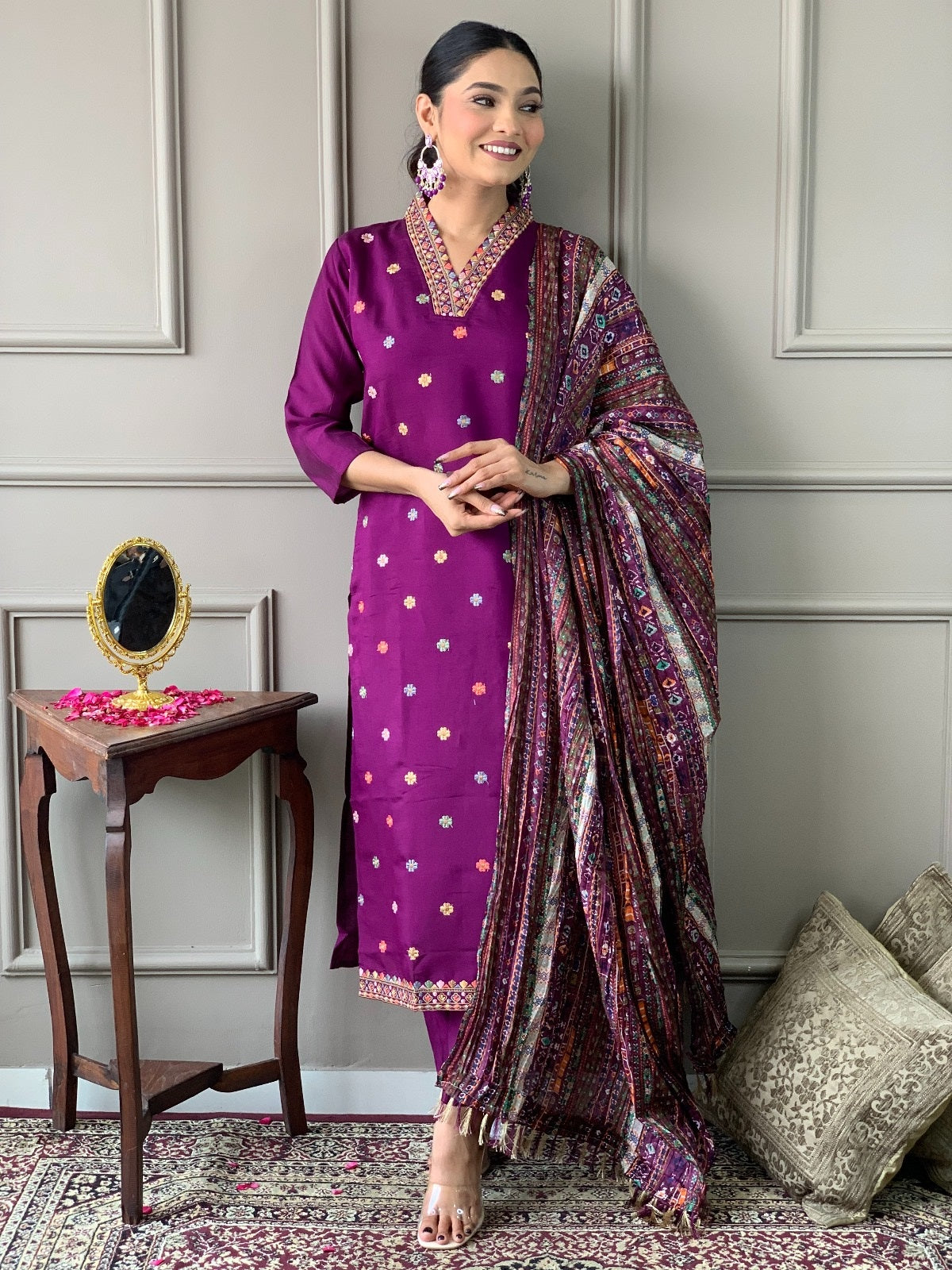 Elegant Purple Embroidered Viscose Chanderi Kurti Set with Chinon Dupatta | Festive & Ethnic Wear (S–XXL)