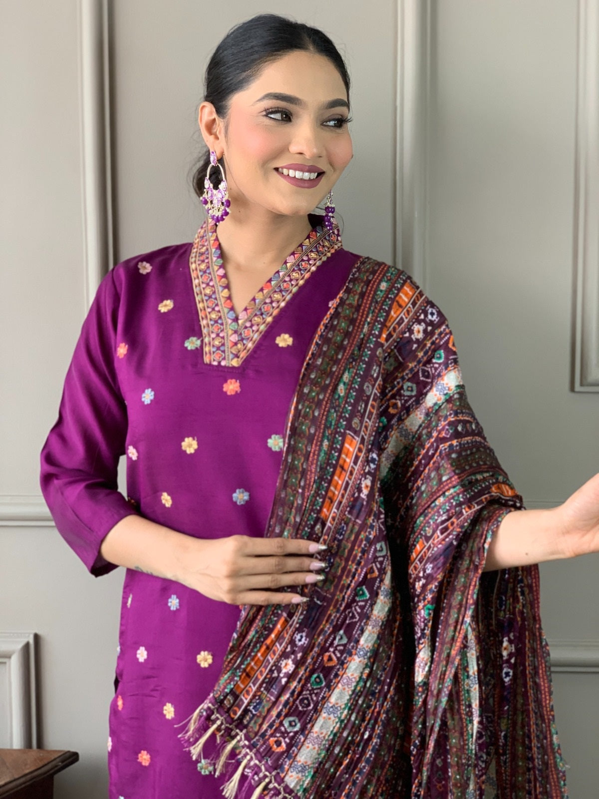 Elegant Purple Embroidered Viscose Chanderi Kurti Set with Chinon Dupatta | Festive & Ethnic Wear (S–XXL)