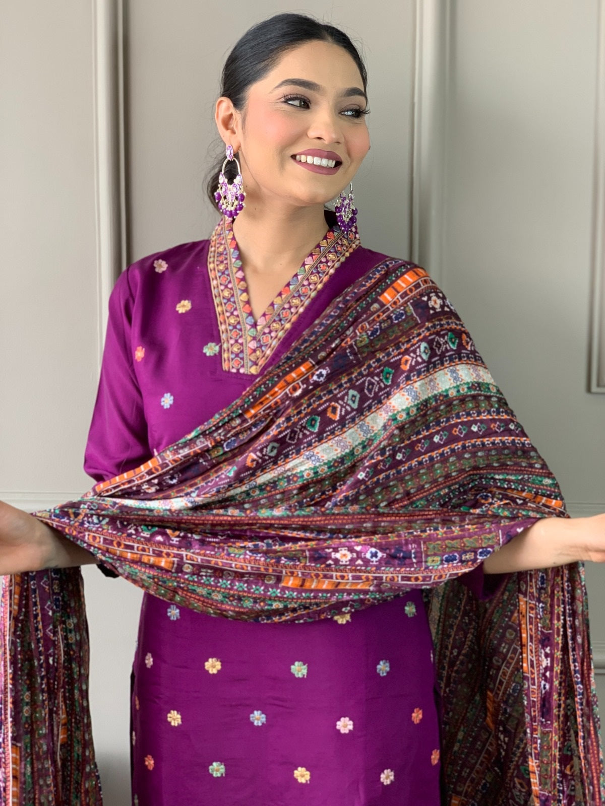 Elegant Purple Embroidered Viscose Chanderi Kurti Set with Chinon Dupatta | Festive & Ethnic Wear (S–XXL)