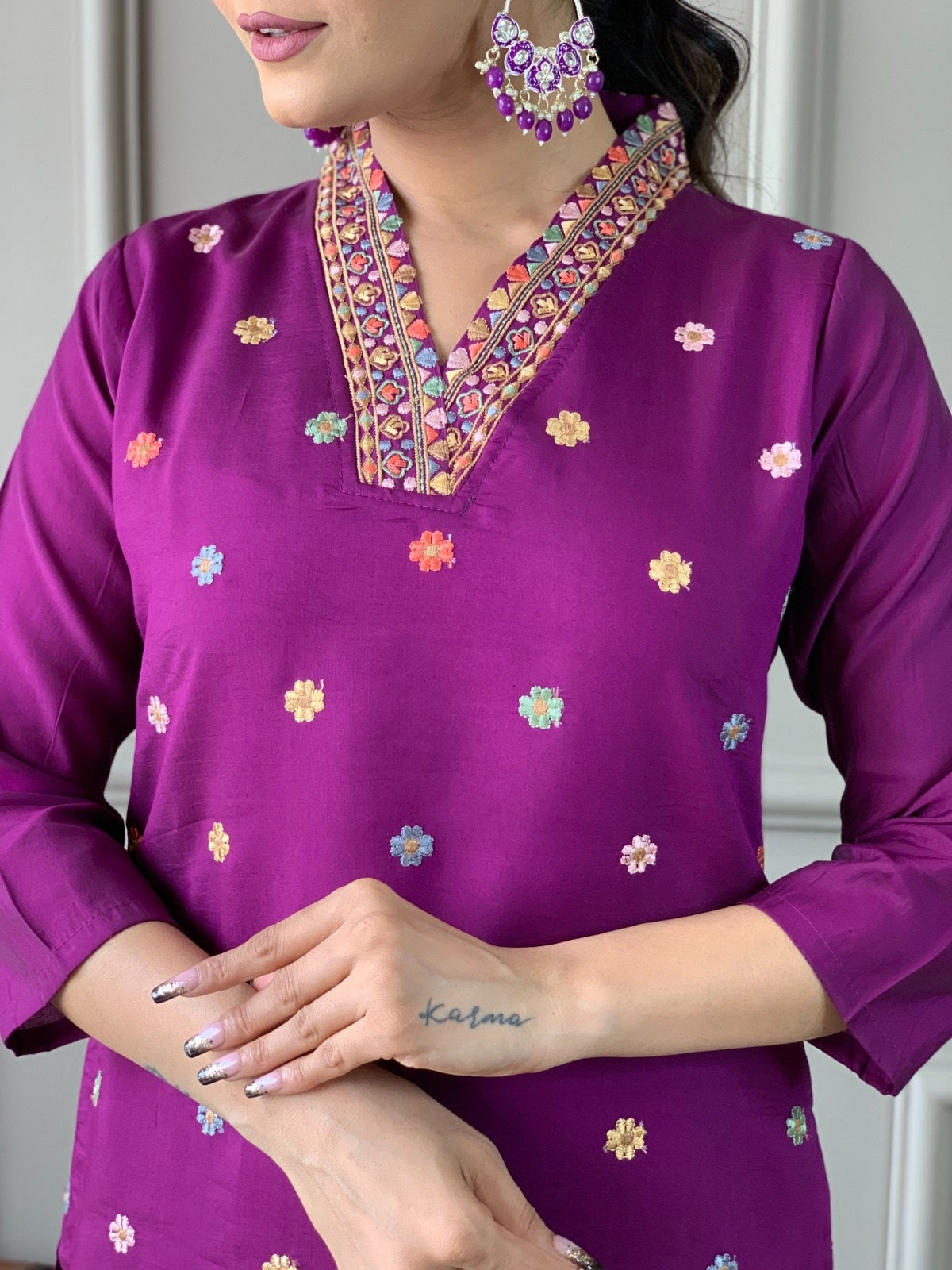 Elegant Purple Embroidered Viscose Chanderi Kurti Set with Chinon Dupatta | Festive & Ethnic Wear (S–XXL)