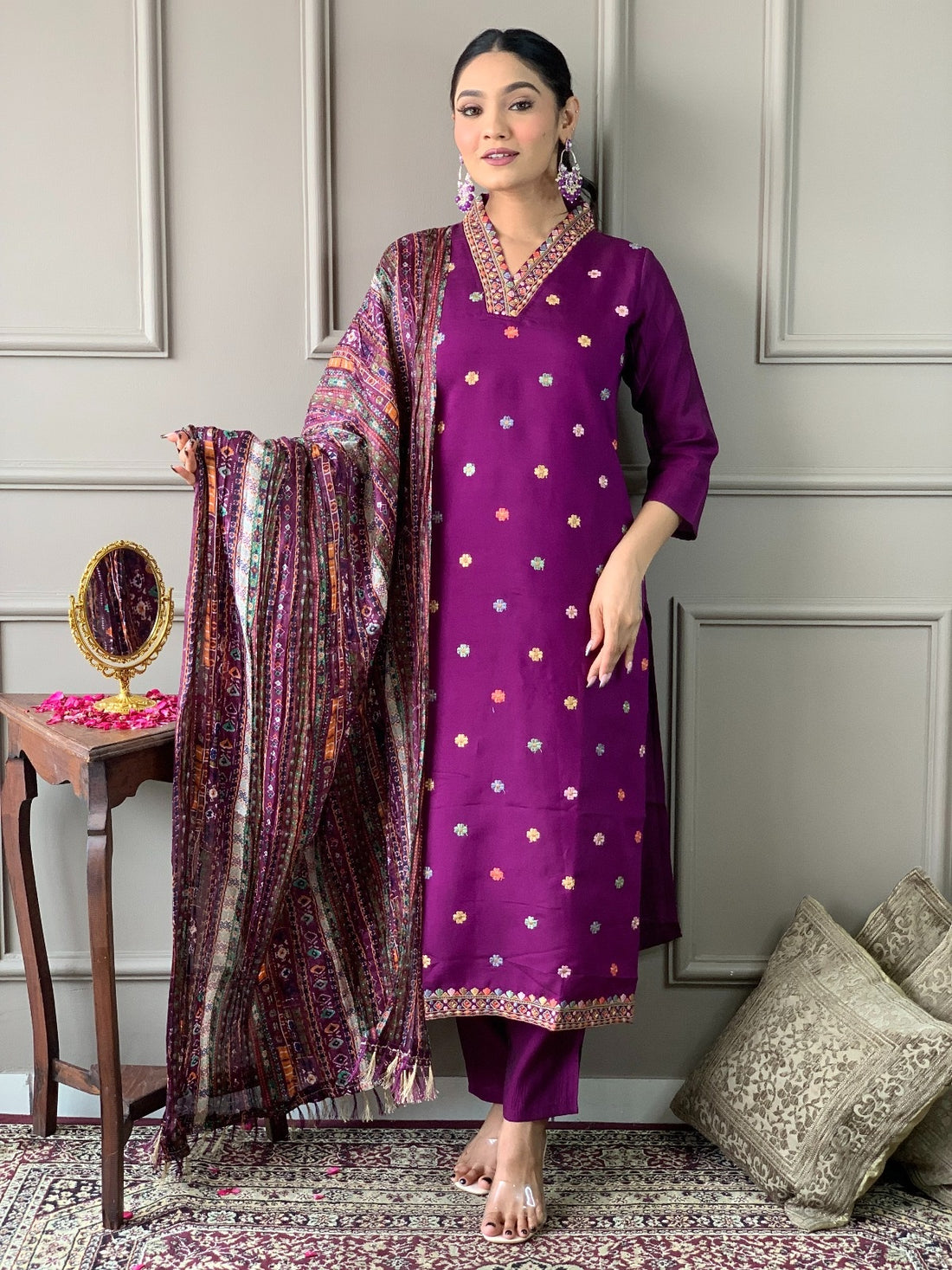 Elegant Purple Embroidered Viscose Chanderi Kurti Set with Chinon Dupatta | Festive & Ethnic Wear (S–XXL)