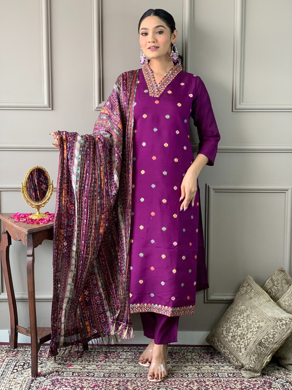 Elegant Purple Embroidered Viscose Chanderi Kurti Set with Chinon Dupatta | Festive & Ethnic Wear (S–XXL)