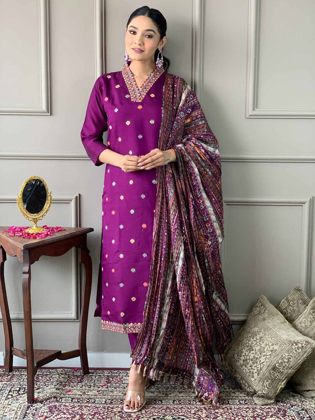 Elegant Purple Embroidered Viscose Chanderi Kurti Set with Chinon Dupatta | Festive & Ethnic Wear (S–XXL)