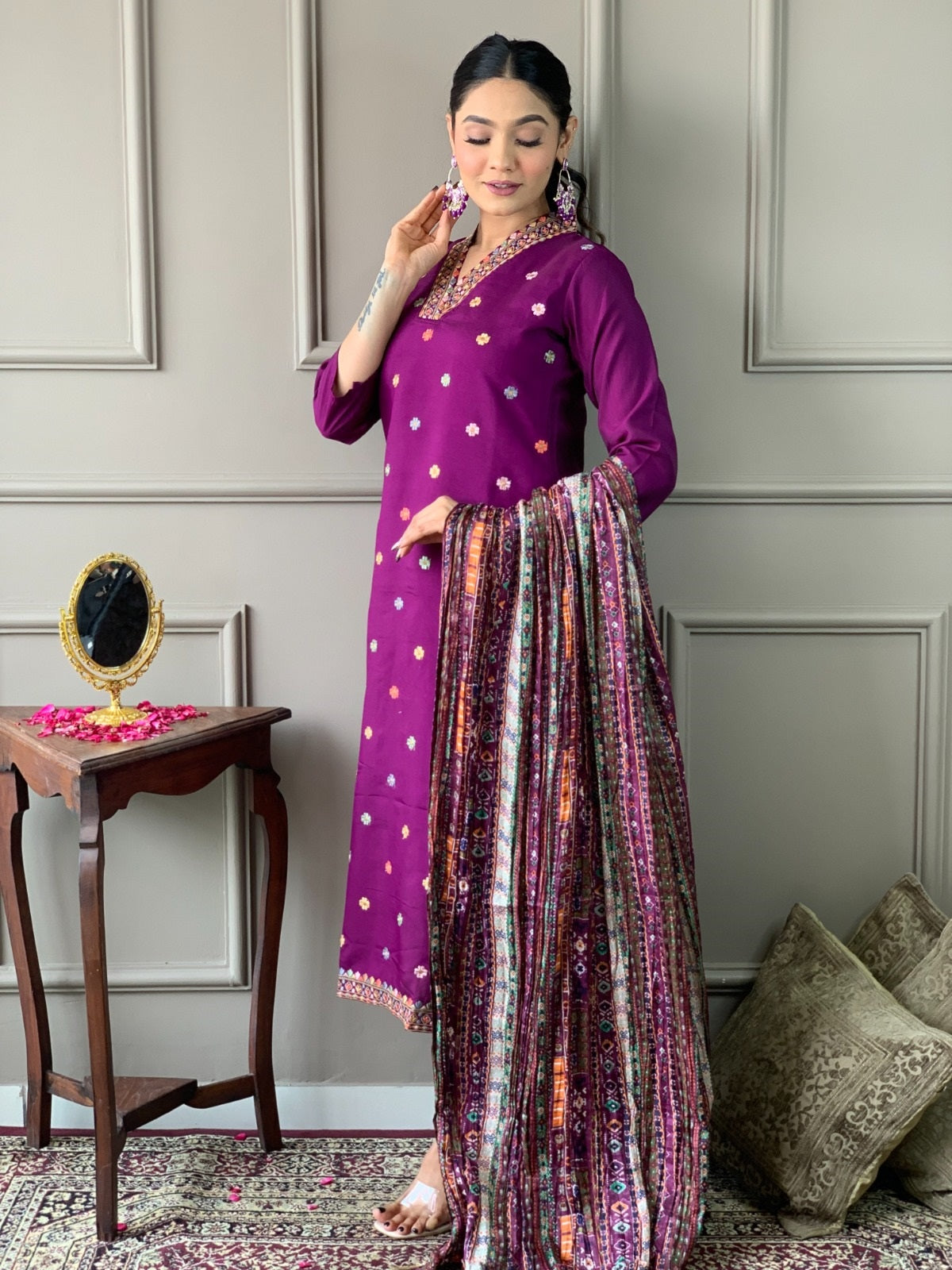 Elegant Purple Embroidered Viscose Chanderi Kurti Set with Chinon Dupatta | Festive & Ethnic Wear (S–XXL)