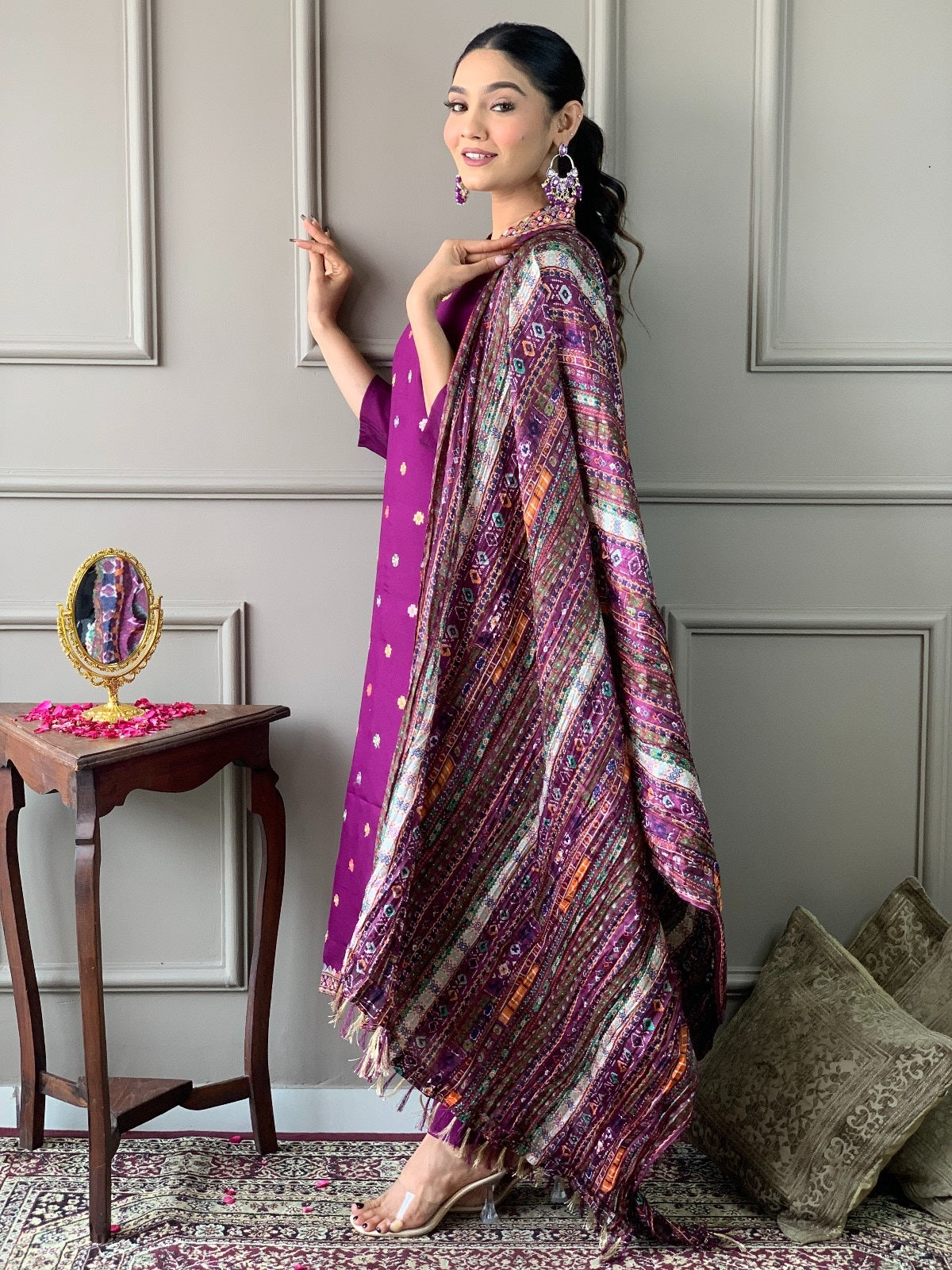 Elegant Purple Embroidered Viscose Chanderi Kurti Set with Chinon Dupatta | Festive & Ethnic Wear (S–XXL)