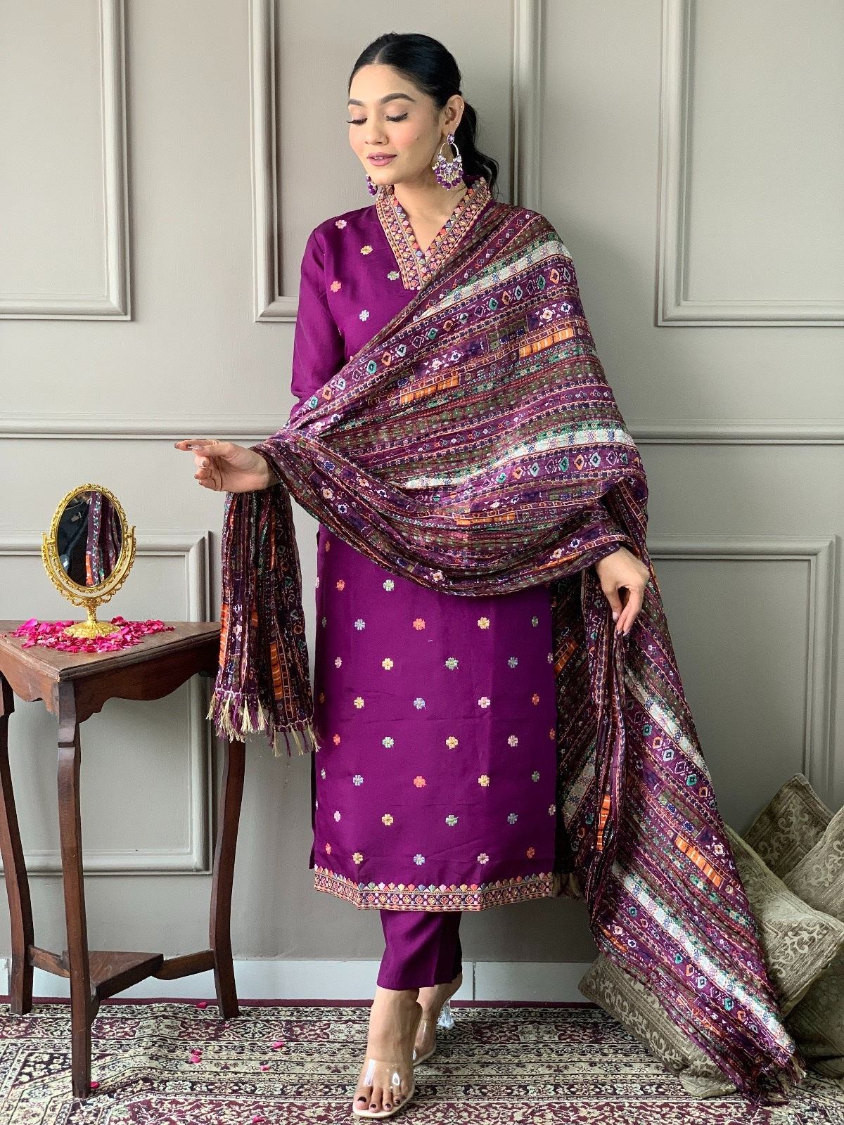 Elegant Purple Embroidered Viscose Chanderi Kurti Set with Chinon Dupatta | Festive & Ethnic Wear (S–XXL)