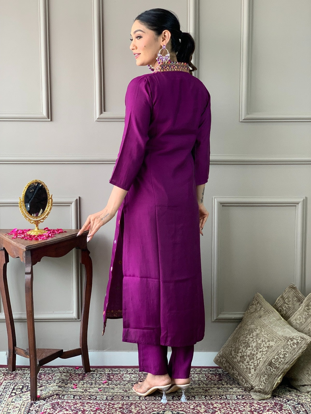 Elegant Purple Embroidered Viscose Chanderi Kurti Set with Chinon Dupatta | Festive & Ethnic Wear (S–XXL)