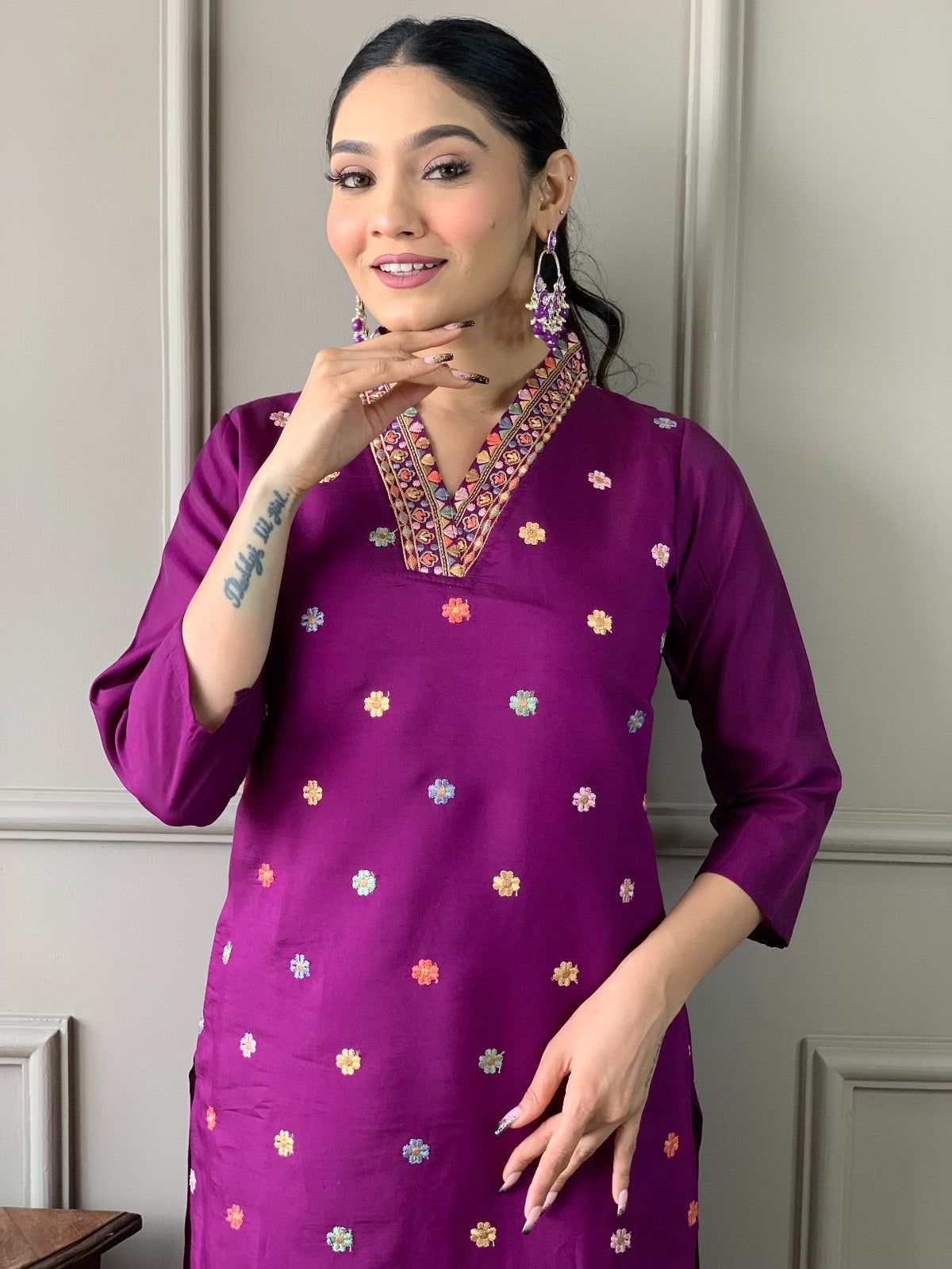 Elegant Purple Embroidered Viscose Chanderi Kurti Set with Chinon Dupatta | Festive & Ethnic Wear (S–XXL)
