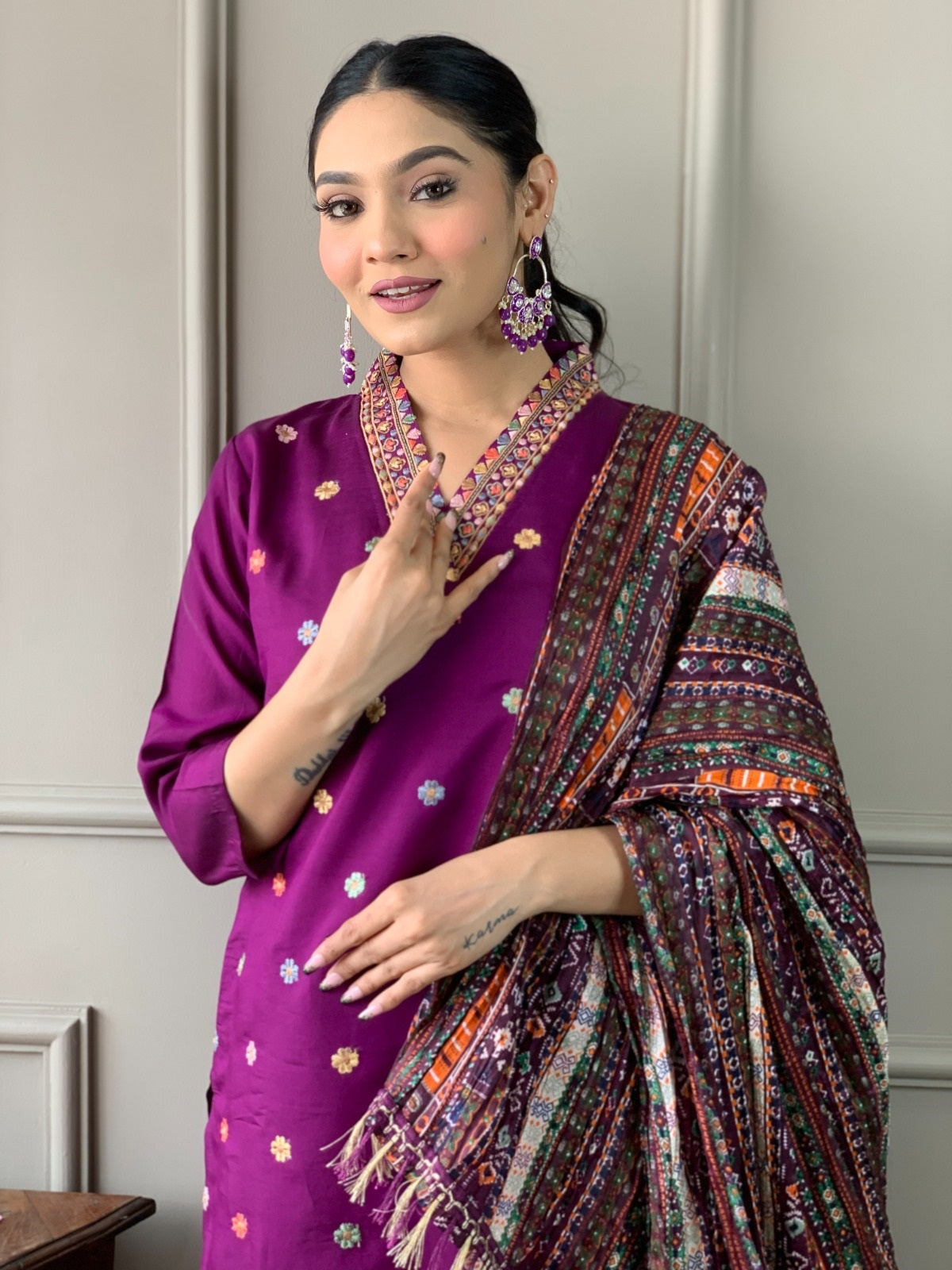 Elegant Purple Embroidered Viscose Chanderi Kurti Set with Chinon Dupatta | Festive & Ethnic Wear (S–XXL)