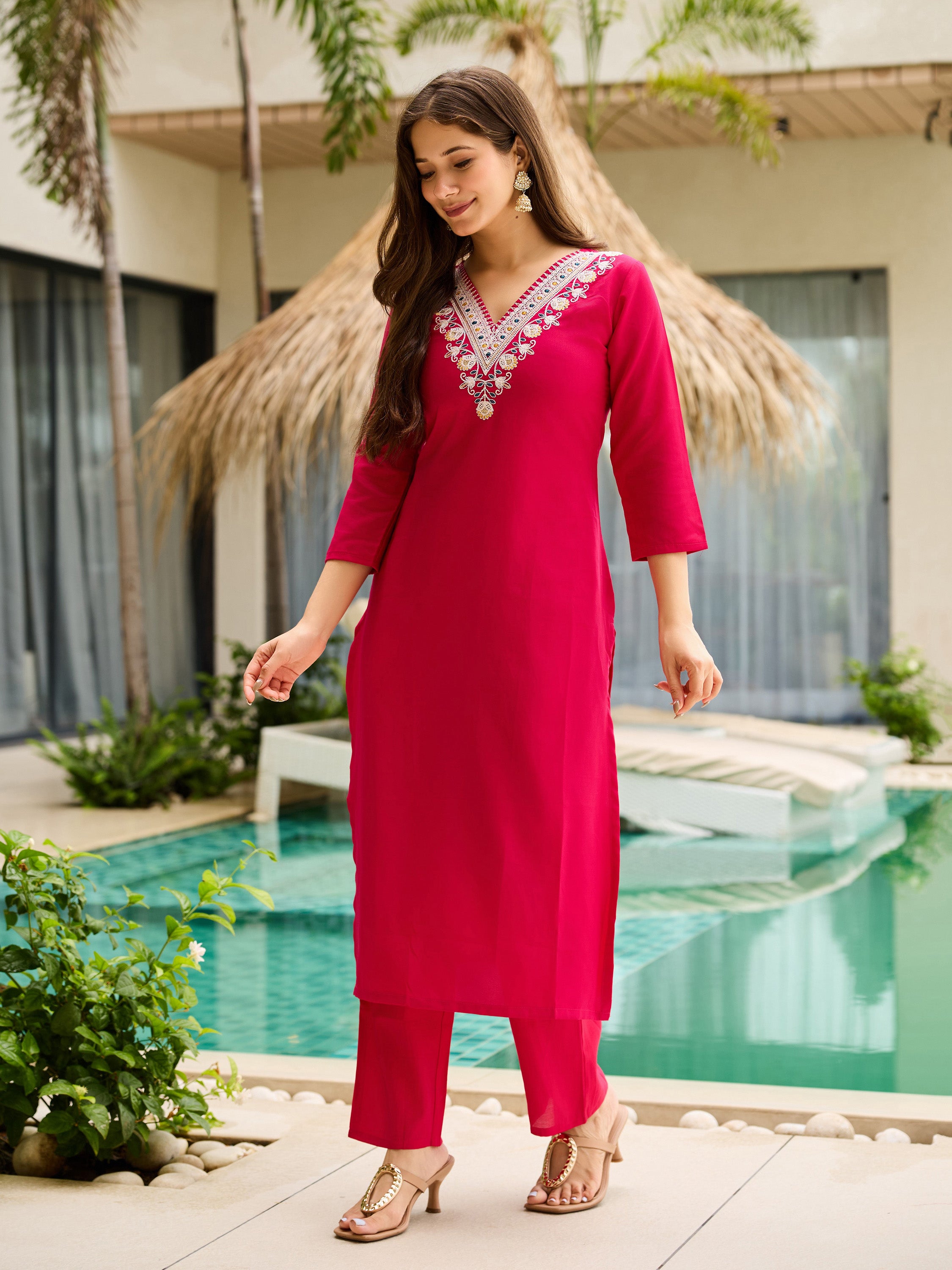 Elegant Red Embroidered Rayon Kurti Set with Floral Silk Chiffon Dupatta | Festive & Casual Wear (S–XXL)