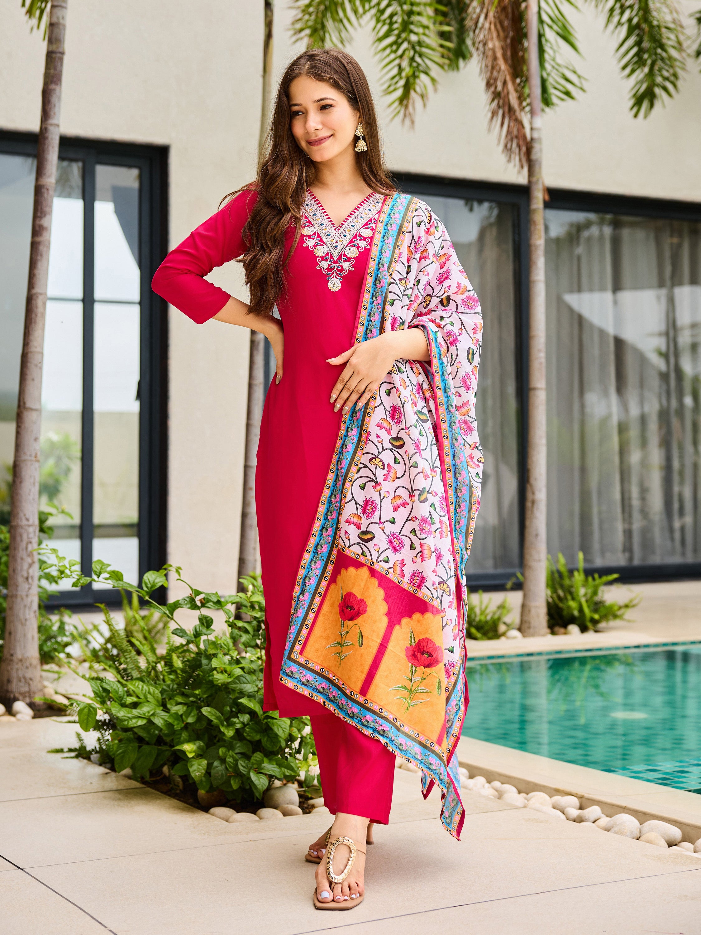 Elegant Red Embroidered Rayon Kurti Set with Floral Silk Chiffon Dupatta | Festive & Casual Wear (S–XXL)