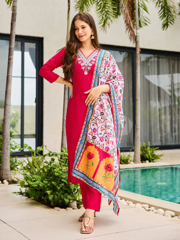 Elegant Red Embroidered Rayon Kurti Set with Floral Silk Chiffon Dupatta | Festive & Casual Wear (S–XXL)