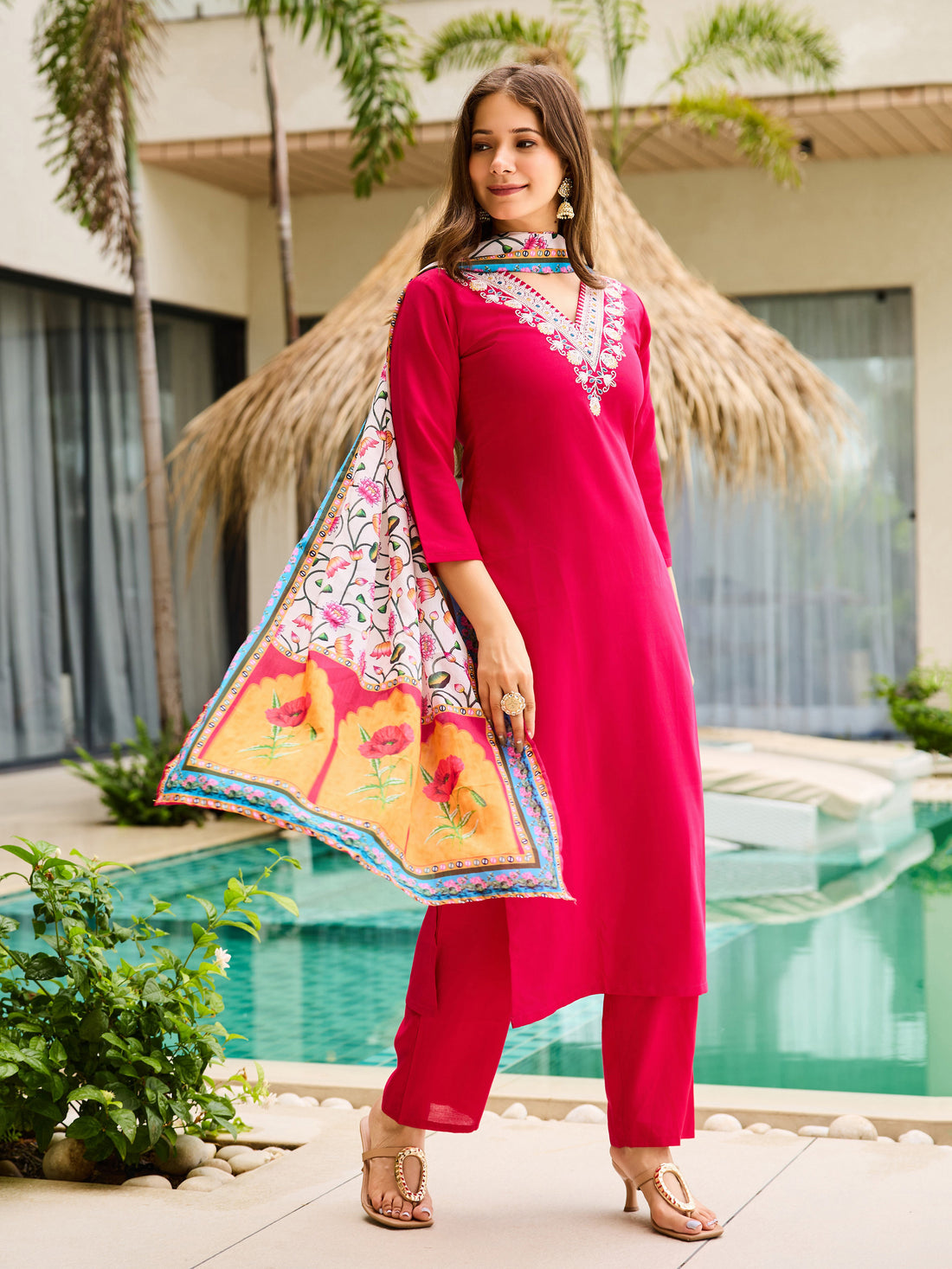 Elegant Red Embroidered Rayon Kurti Set with Floral Silk Chiffon Dupatta | Festive & Casual Wear (S–XXL)