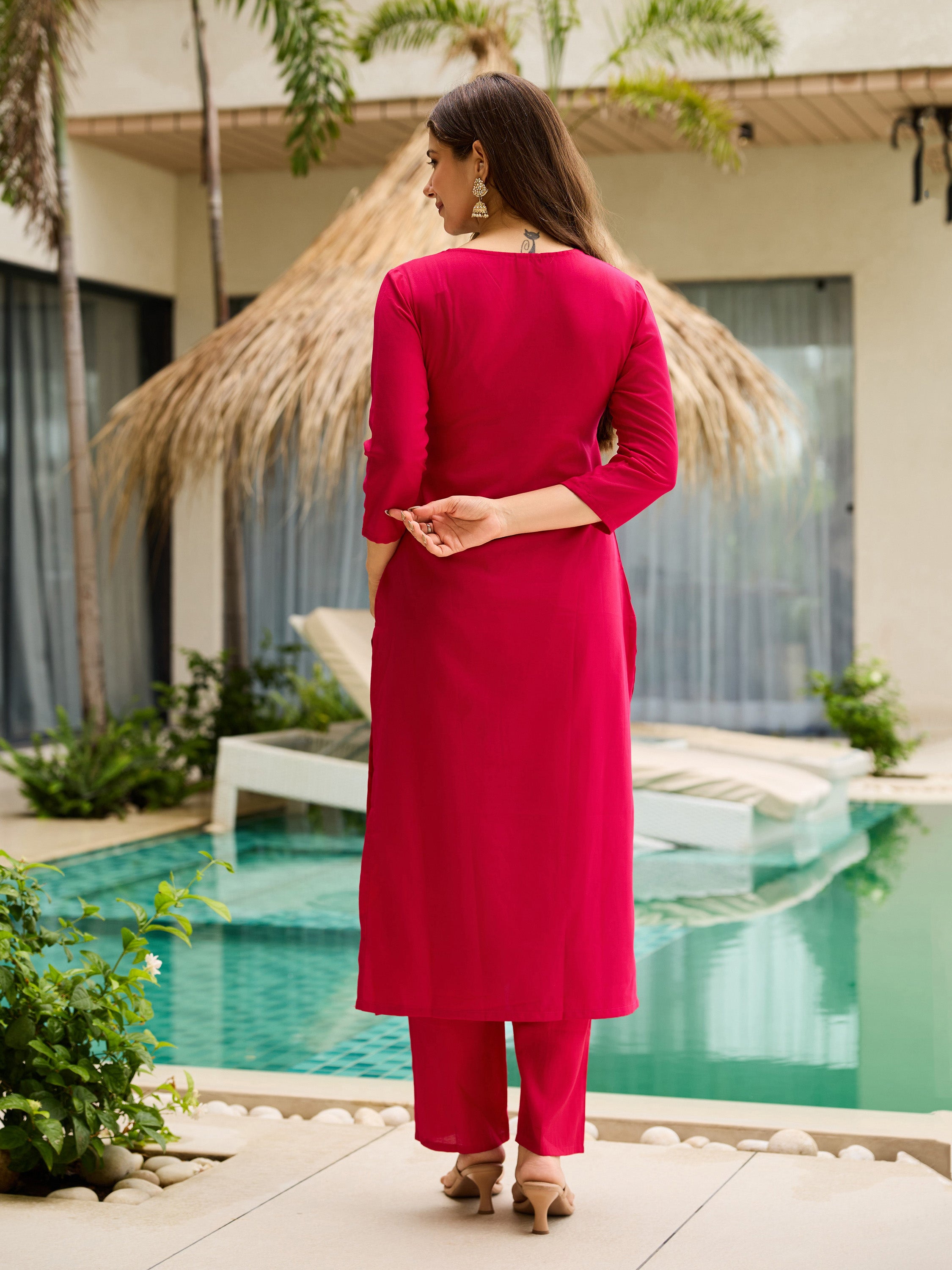 Elegant Red Embroidered Rayon Kurti Set with Floral Silk Chiffon Dupatta | Festive & Casual Wear (S–XXL)