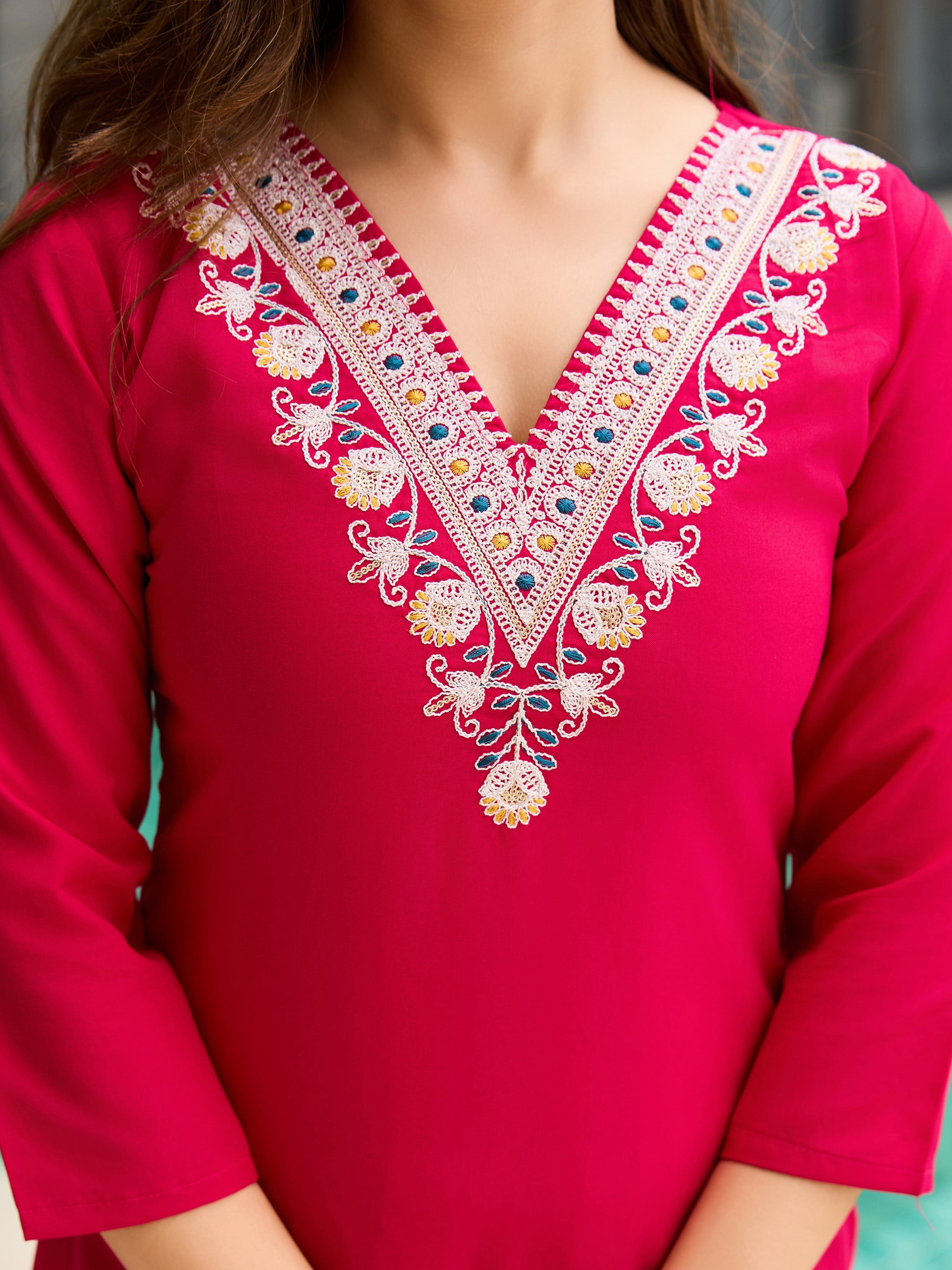 Elegant Red Embroidered Rayon Kurti Set with Floral Silk Chiffon Dupatta | Festive & Casual Wear (S–XXL)