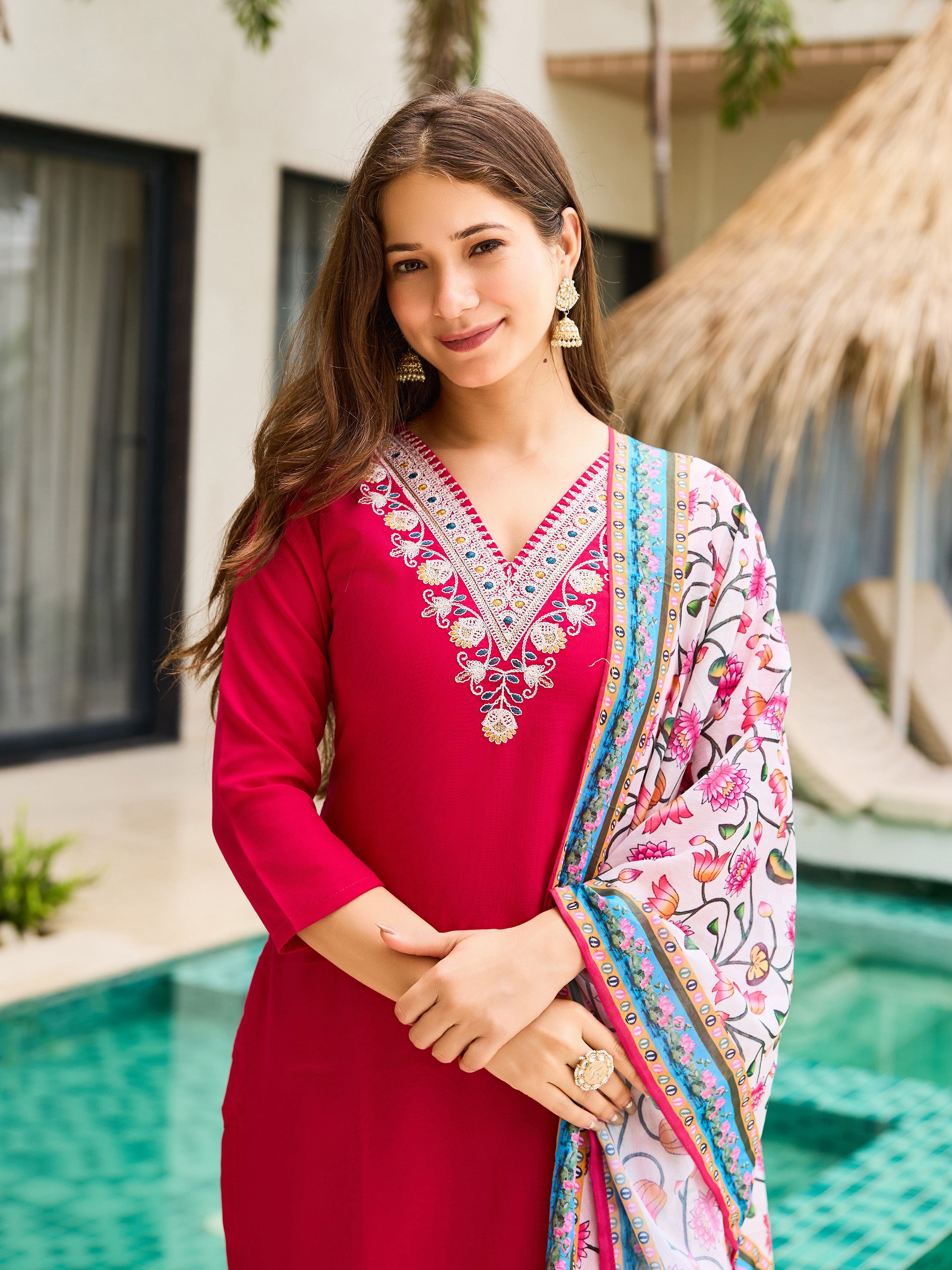 Elegant Red Embroidered Rayon Kurti Set with Floral Silk Chiffon Dupatta | Festive & Casual Wear (S–XXL)