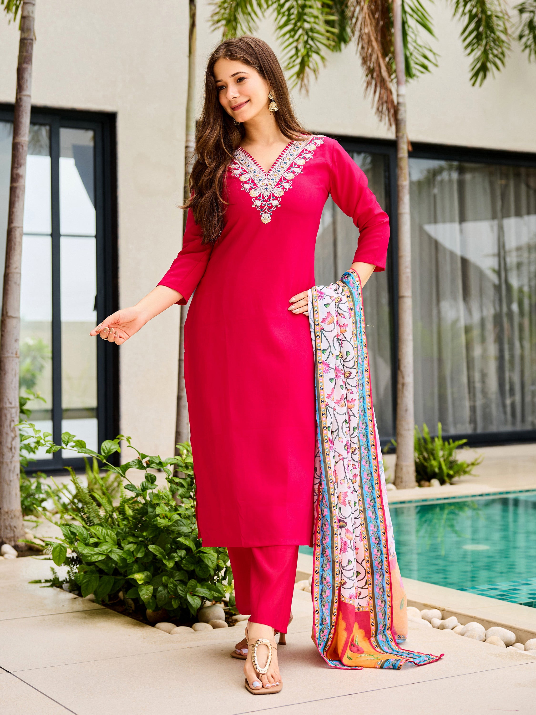 Elegant Red Embroidered Rayon Kurti Set with Floral Silk Chiffon Dupatta | Festive & Casual Wear (S–XXL)