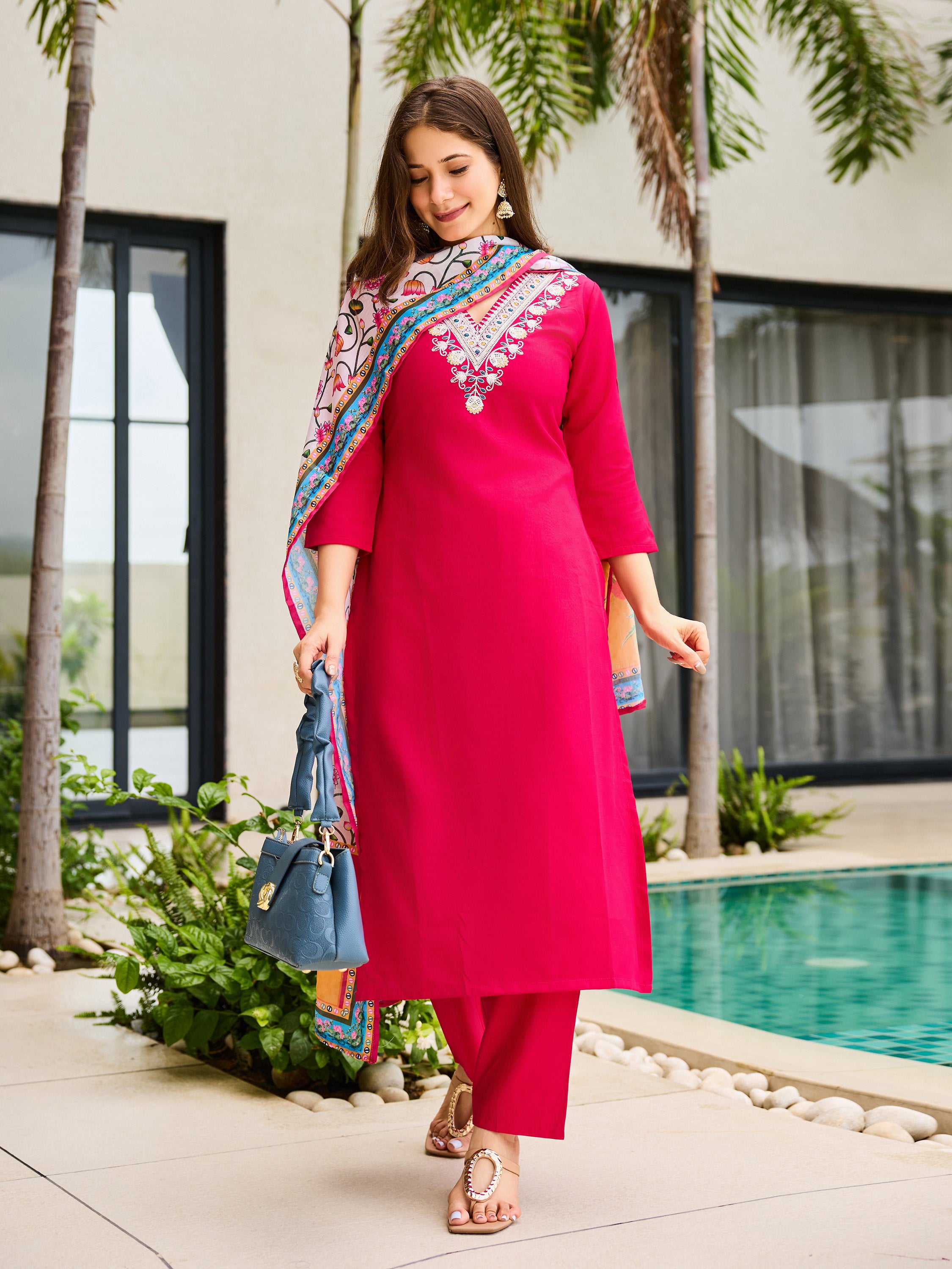 Elegant Red Embroidered Rayon Kurti Set with Floral Silk Chiffon Dupatta | Festive & Casual Wear (S–XXL)