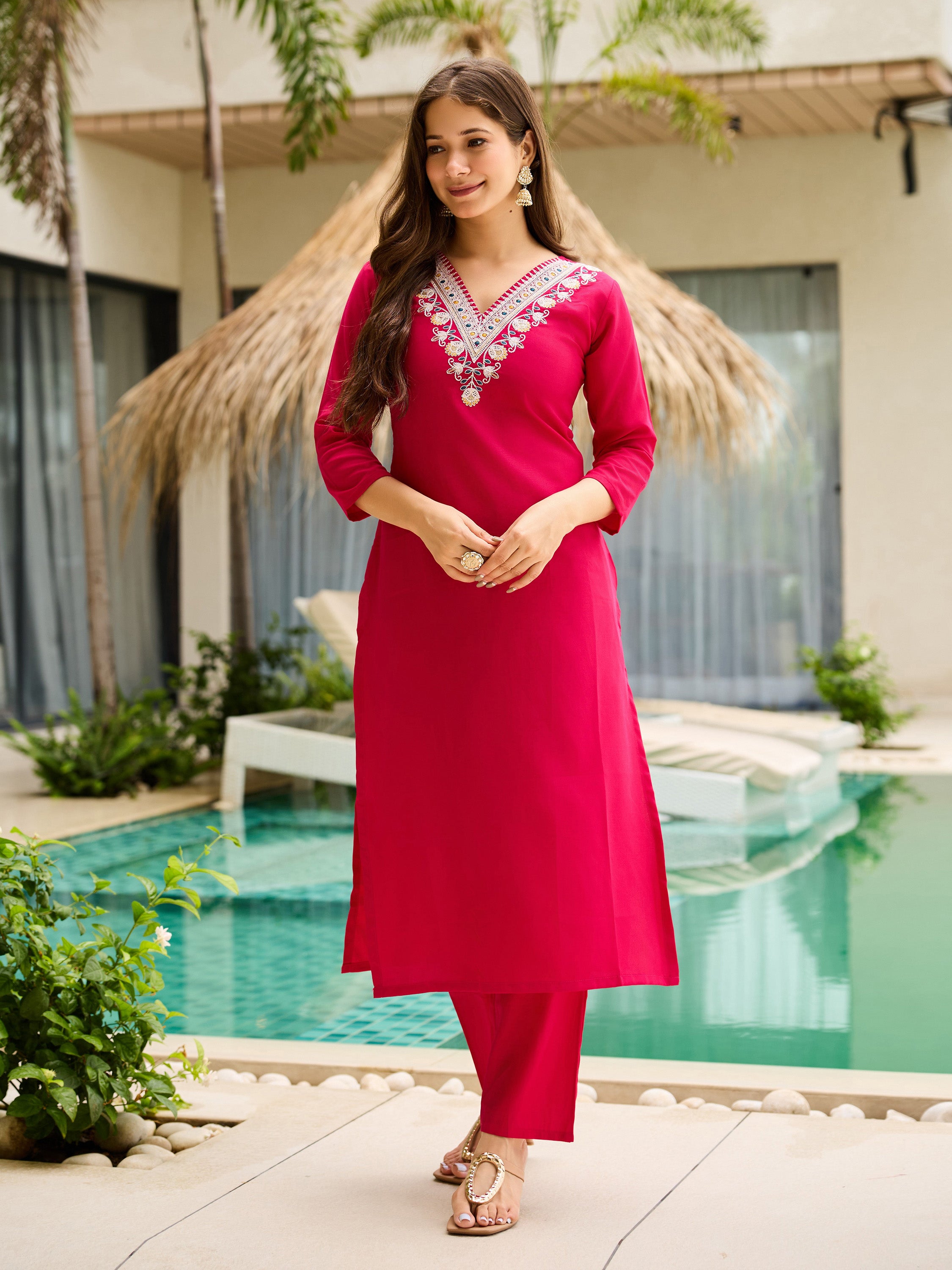 Elegant Red Embroidered Rayon Kurti Set with Floral Silk Chiffon Dupatta | Festive & Casual Wear (S–XXL)