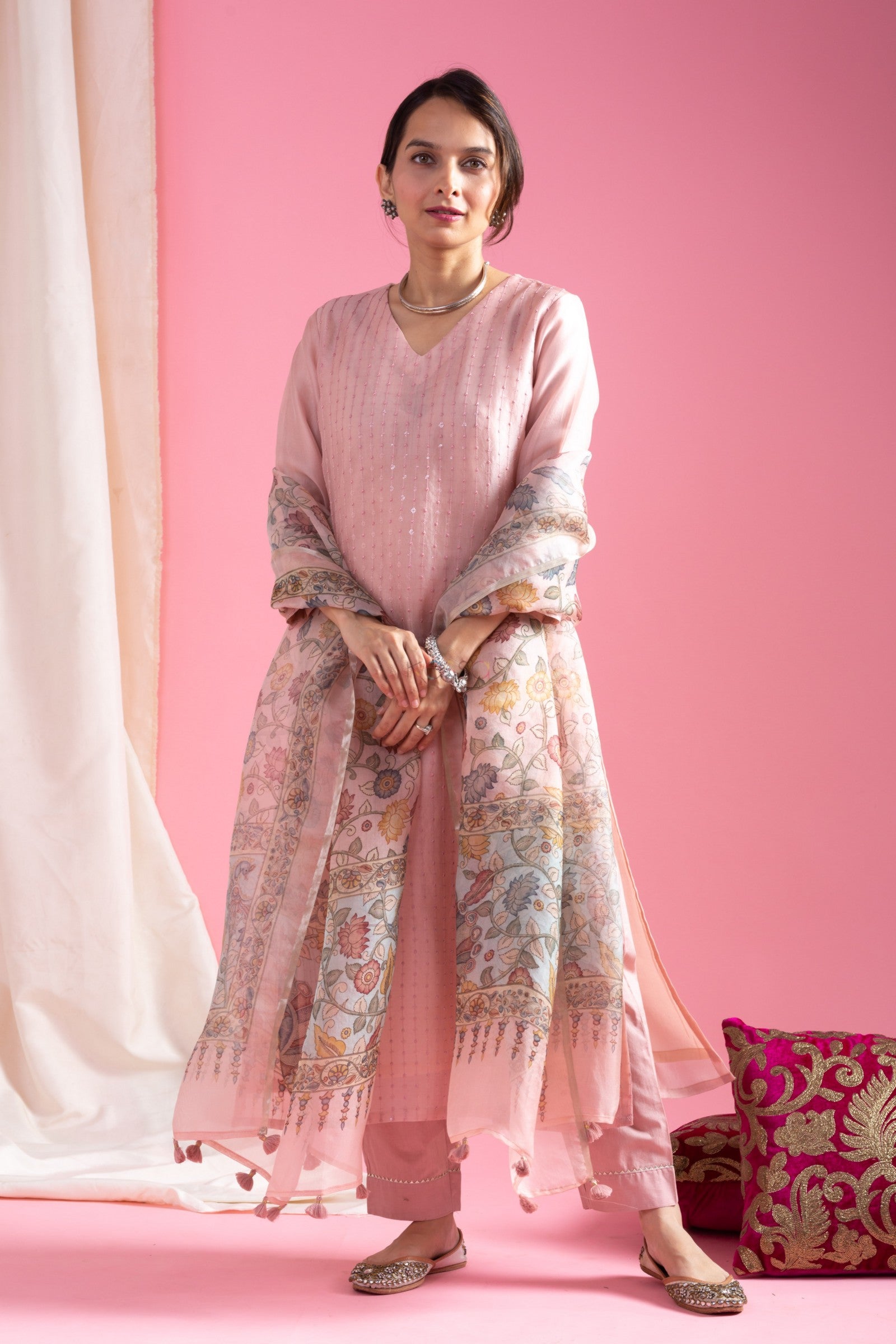 Elegant Pink Viscose Chanderi Embroidered Kurti Set with Floral Organza Dupatta | Festive Wear (S–XXL)