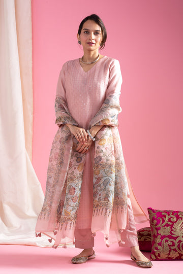 Elegant Pink Viscose Chanderi Embroidered Kurti Set with Floral Organza Dupatta | Festive Wear (S–XXL)