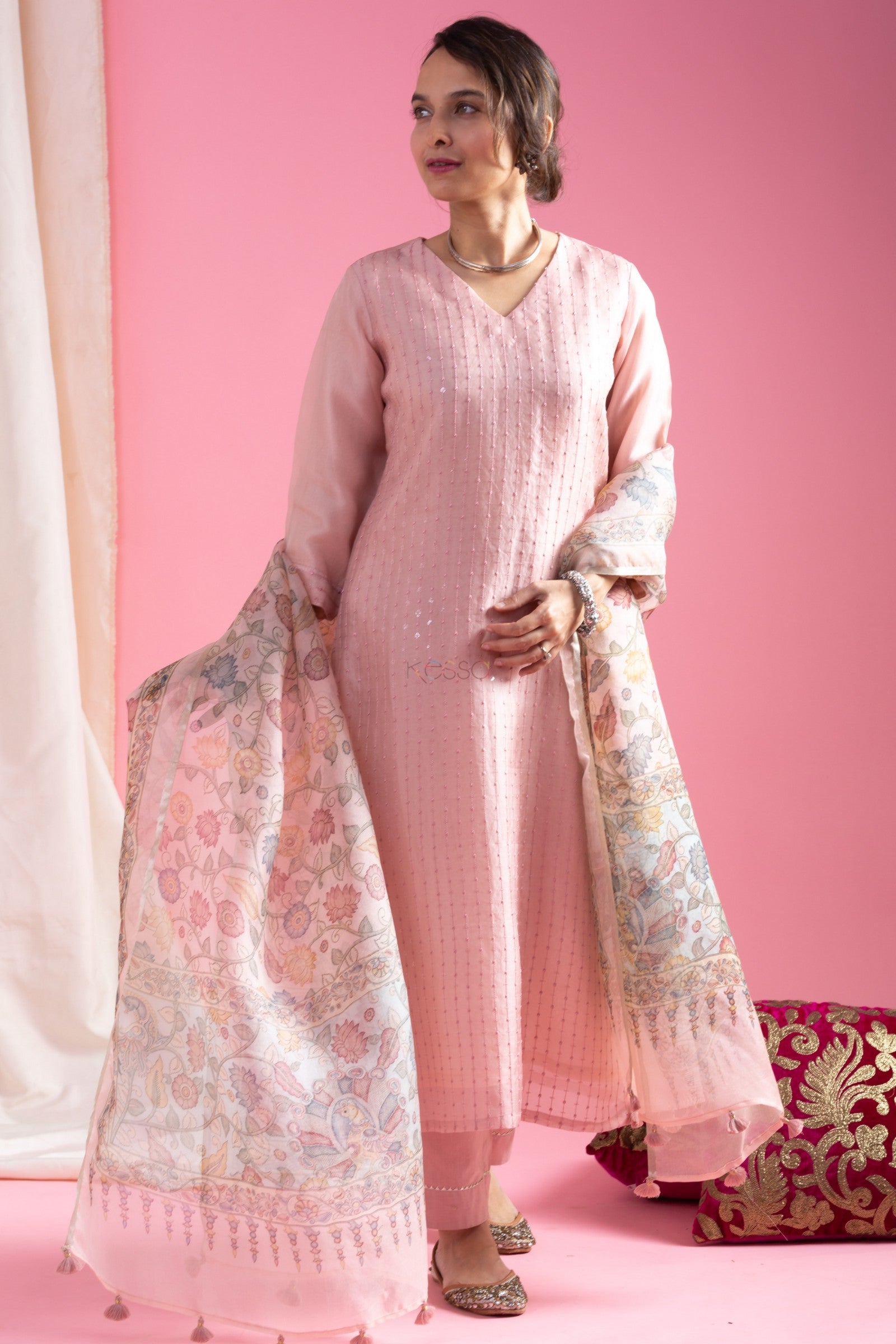 Elegant Pink Viscose Chanderi Embroidered Kurti Set with Floral Organza Dupatta | Festive Wear (S–XXL)