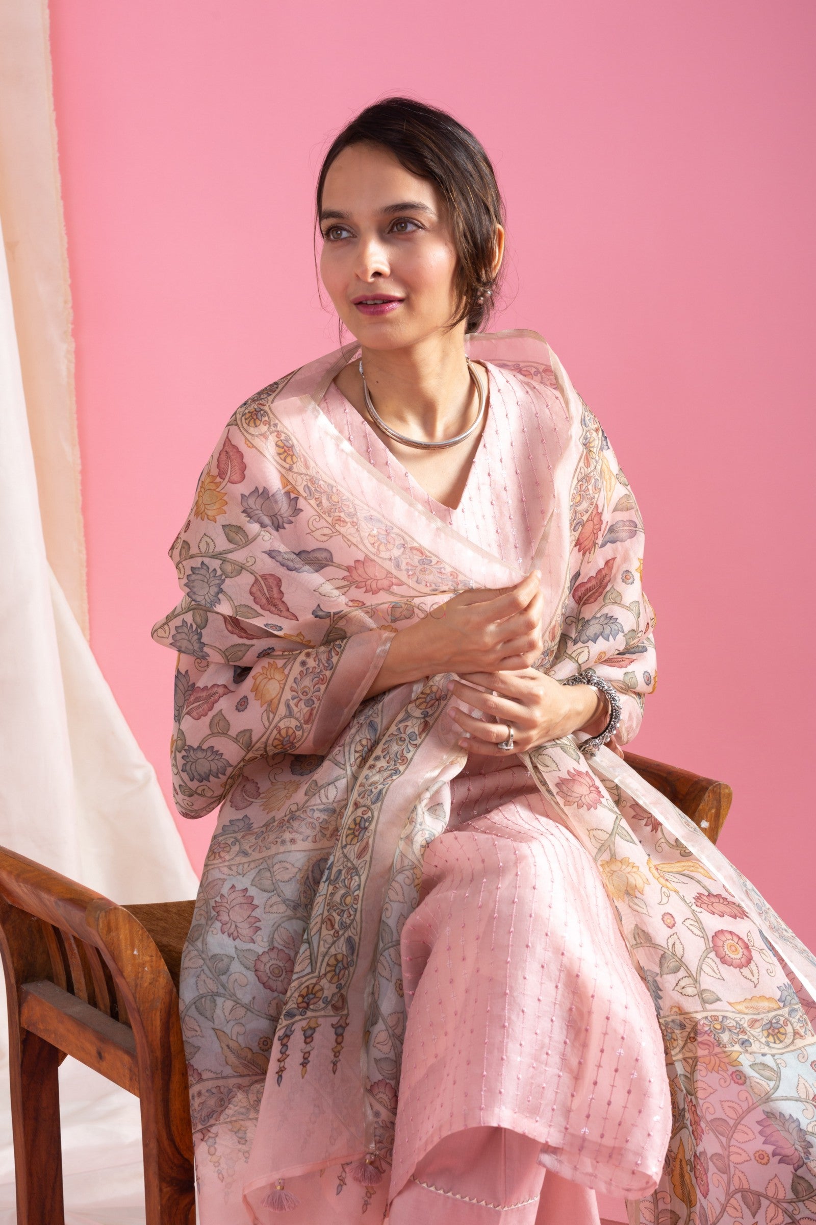 Elegant Pink Viscose Chanderi Embroidered Kurti Set with Floral Organza Dupatta | Festive Wear (S–XXL)