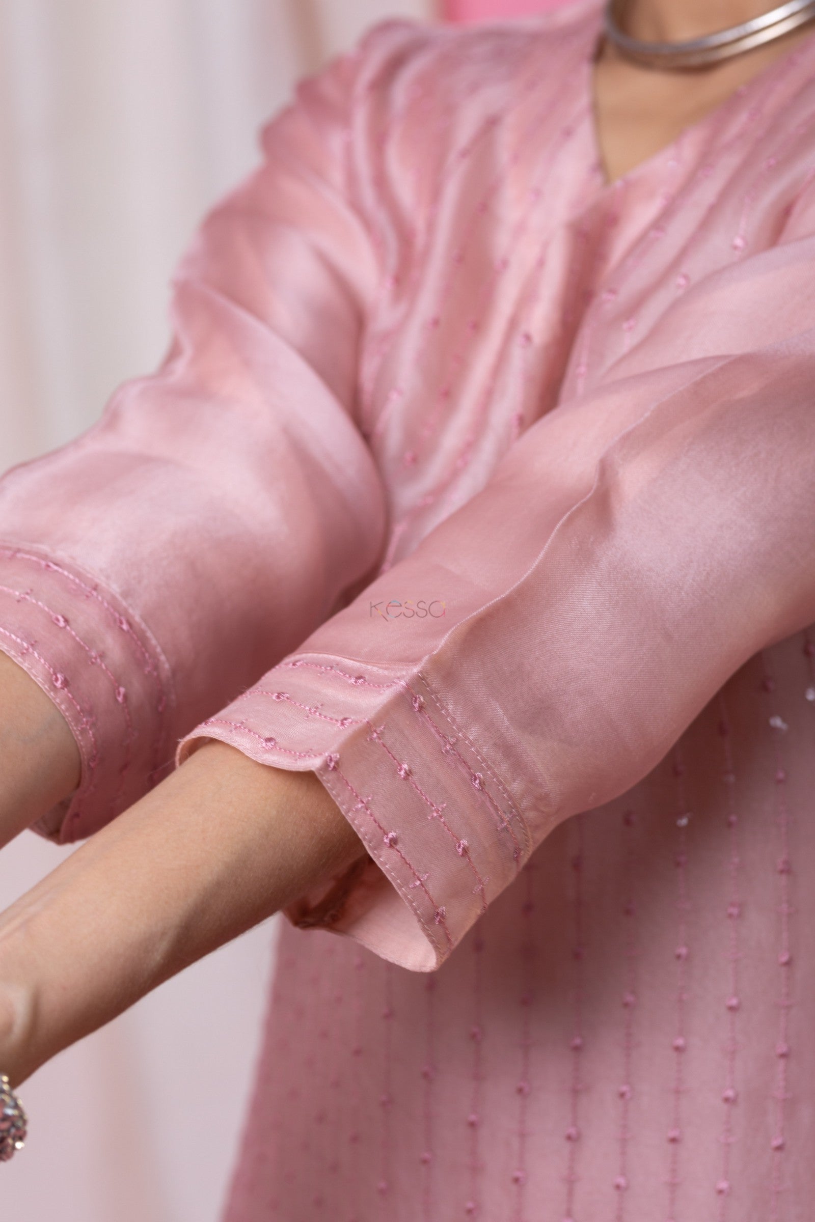 Elegant Pink Viscose Chanderi Embroidered Kurti Set with Floral Organza Dupatta | Festive Wear (S–XXL)