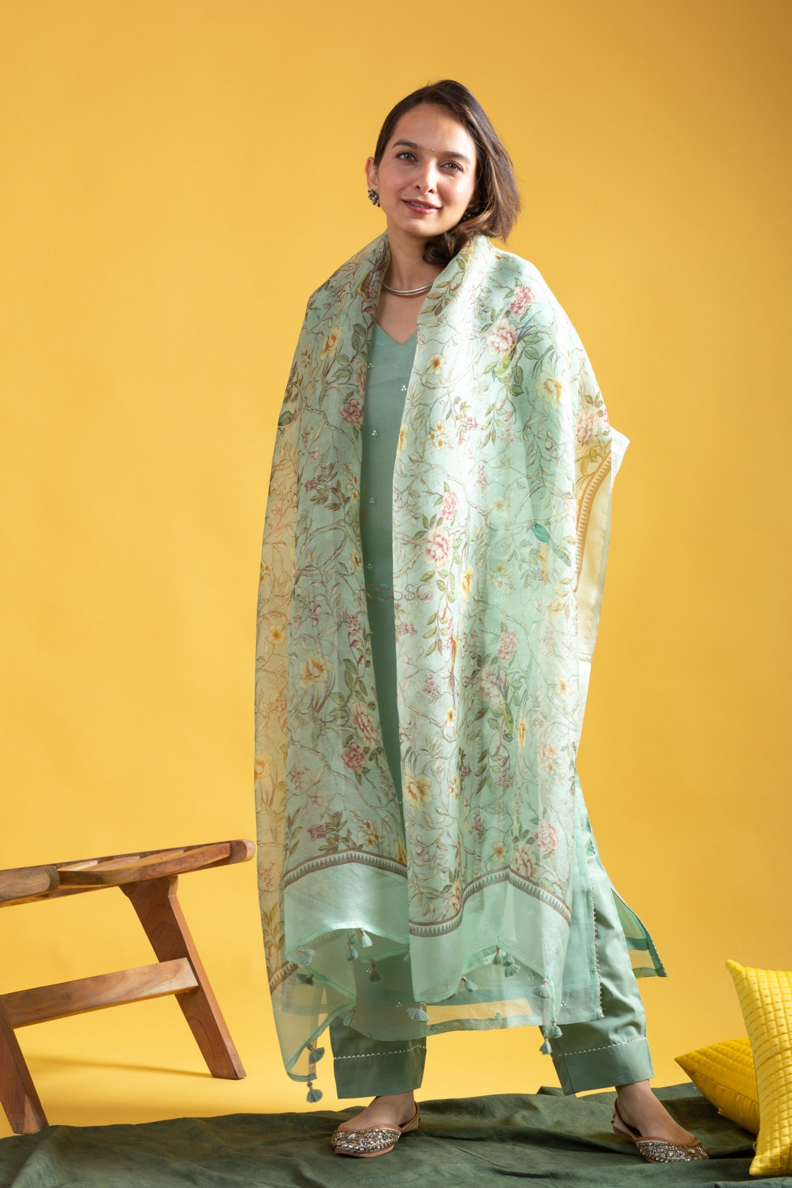 Elegant Mint Green Viscose Chanderi Embroidered Kurti Set with Organza Dupatta