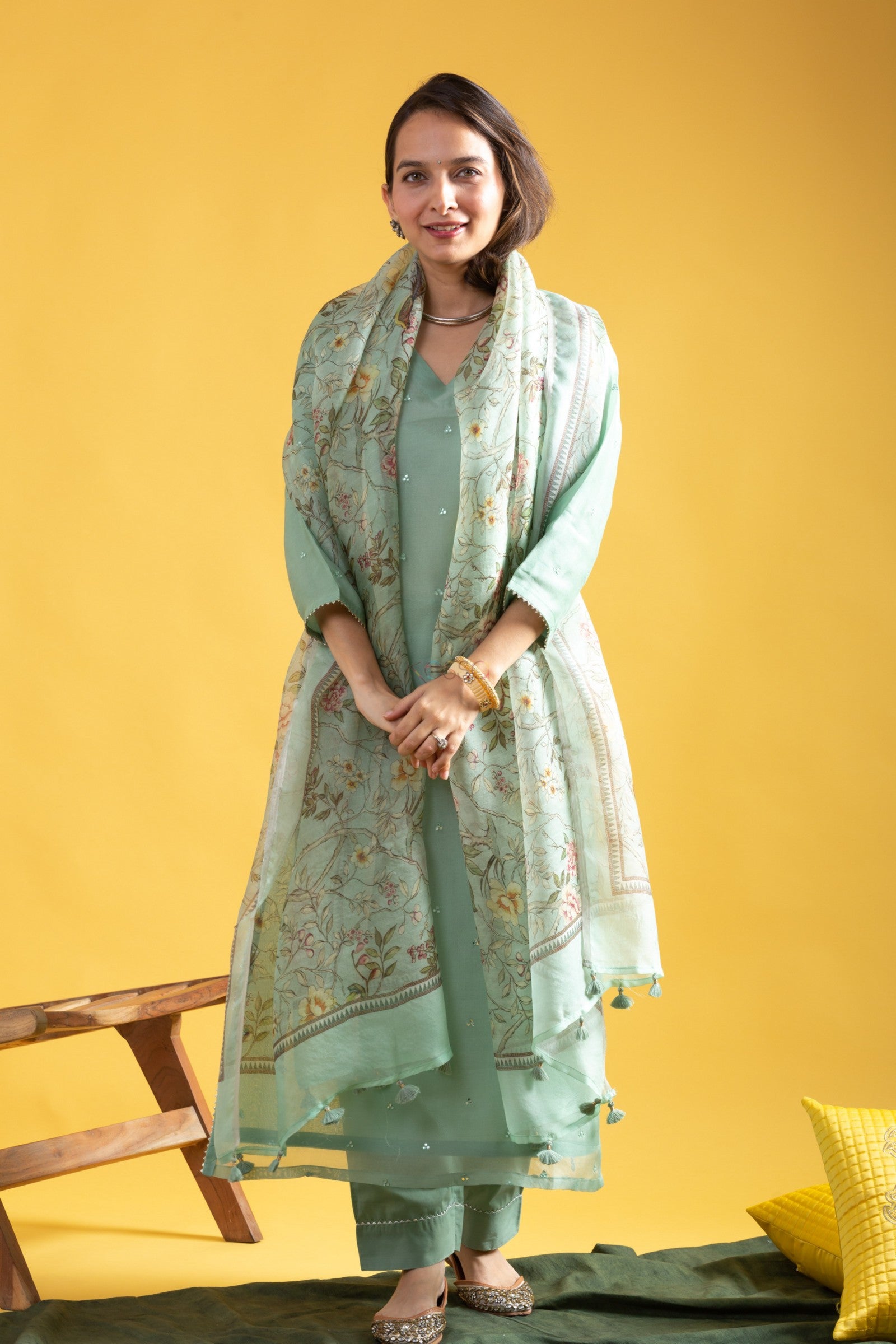 Elegant Mint Green Viscose Chanderi Embroidered Kurti Set with Organza Dupatta