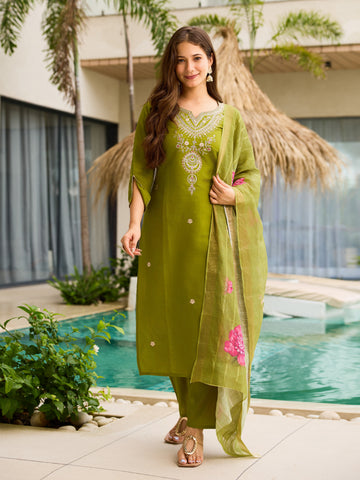 Elegant Olive Green Embroidered Viscose Kurti Set with Jacquard Dupatta