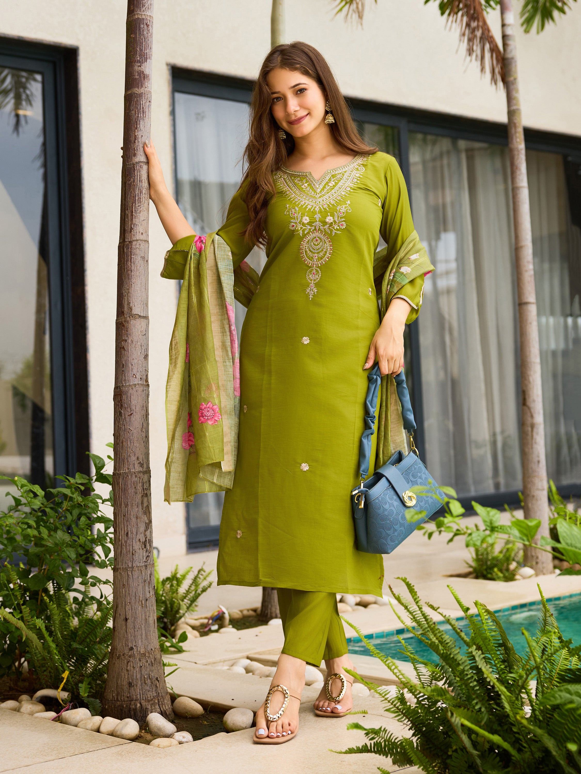 Elegant Olive Green Embroidered Viscose Kurti Set with Jacquard Dupatta