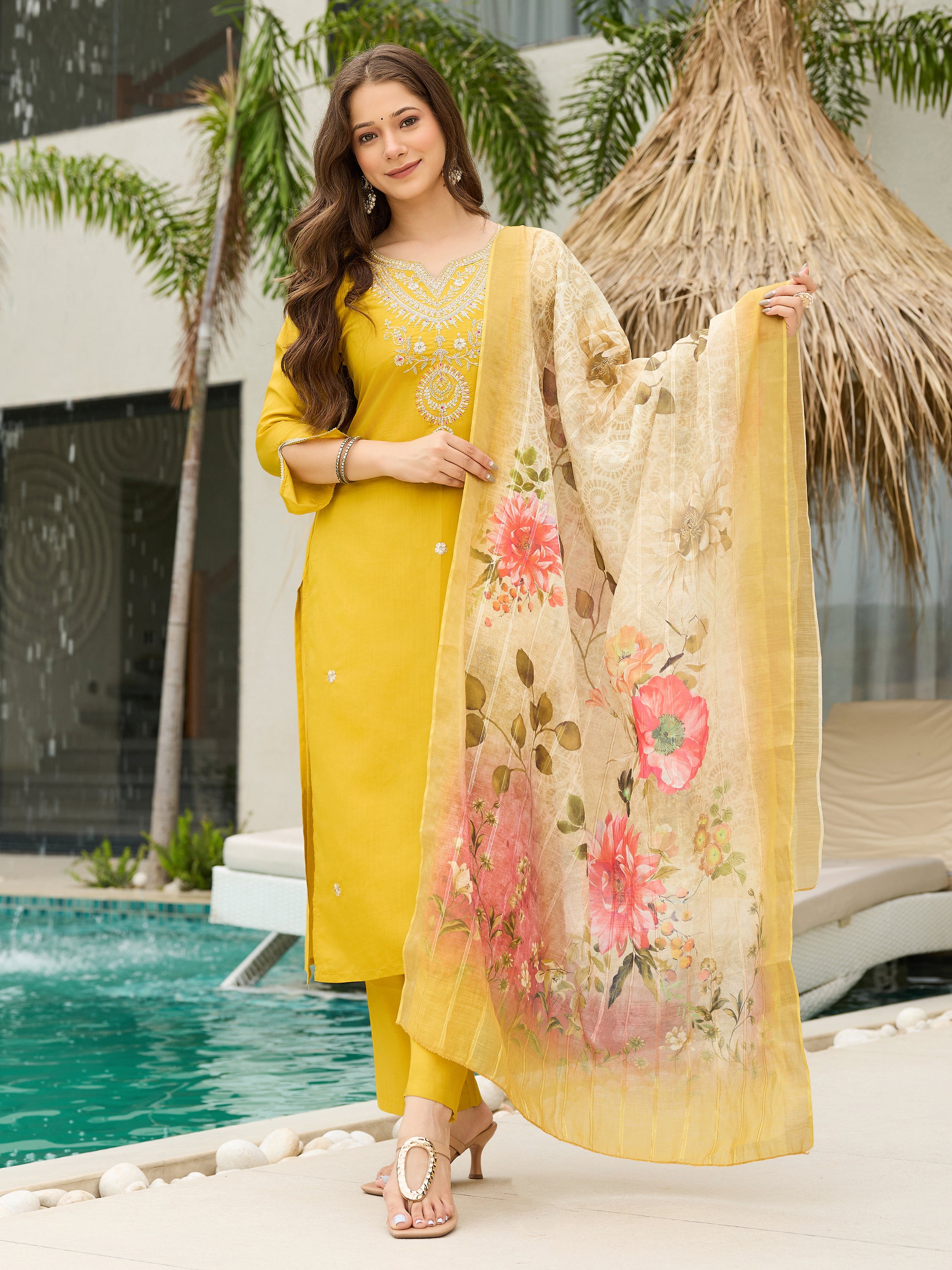 Elegant Mustard Yellow Viscose Kurti Set with Embroidered Neck & Floral Jacquard Dupatta