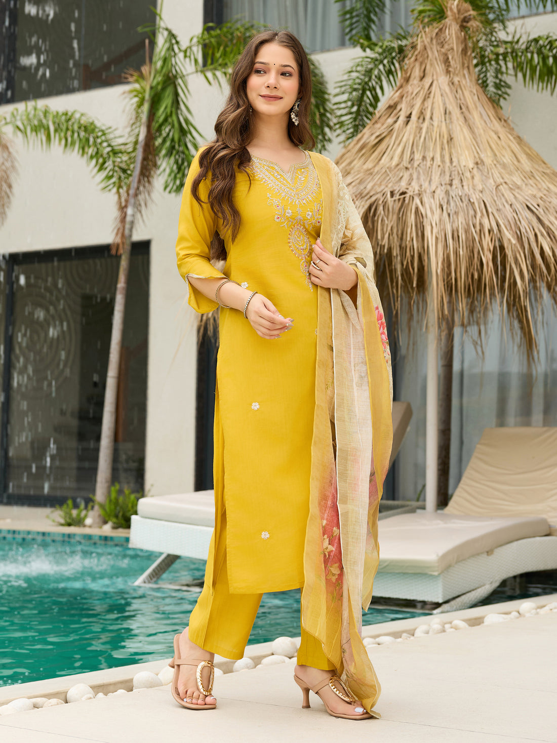 Elegant Mustard Yellow Viscose Kurti Set with Embroidered Neck & Floral Jacquard Dupatta
