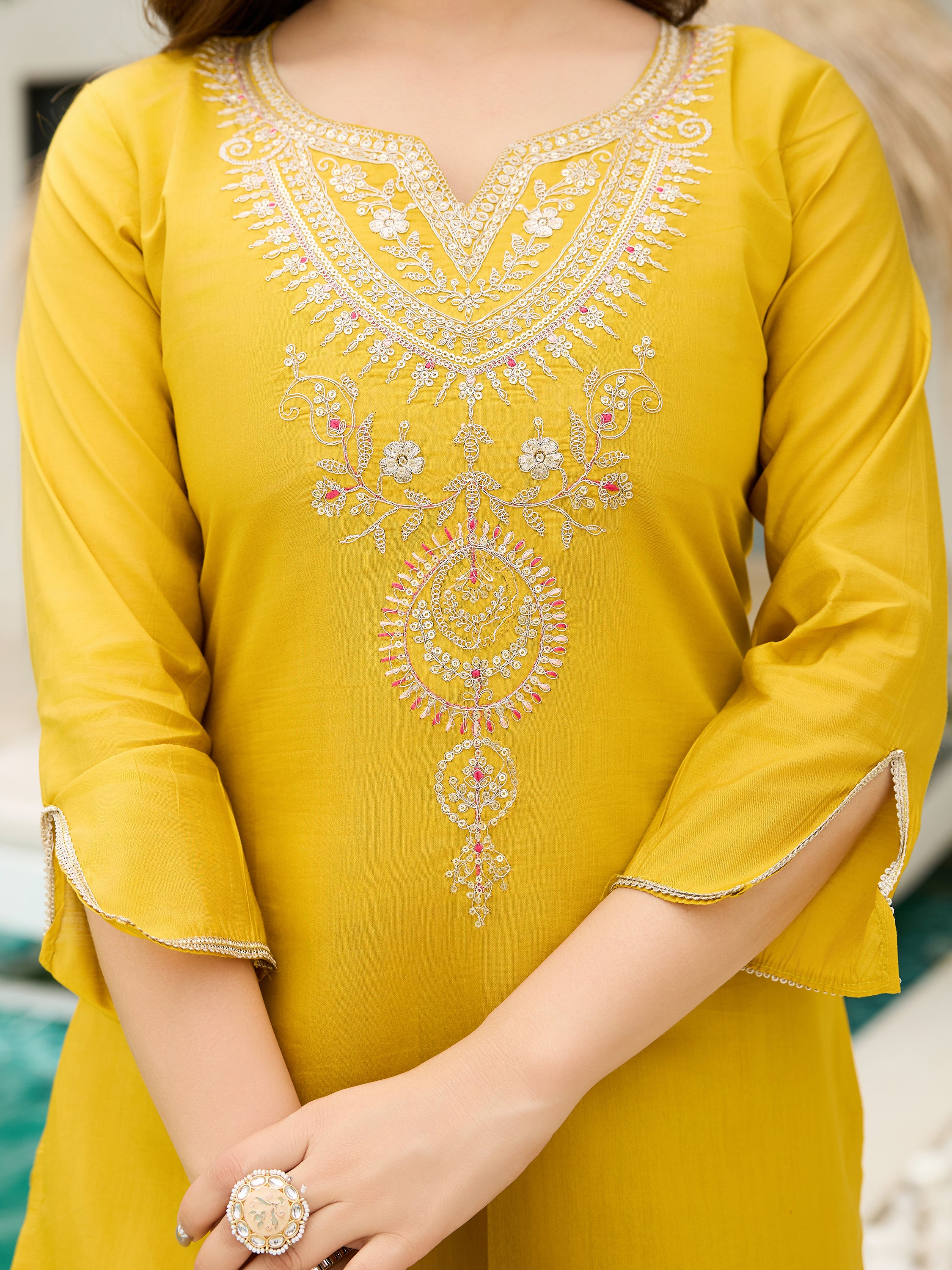 Elegant Mustard Yellow Viscose Kurti Set with Embroidered Neck & Floral Jacquard Dupatta