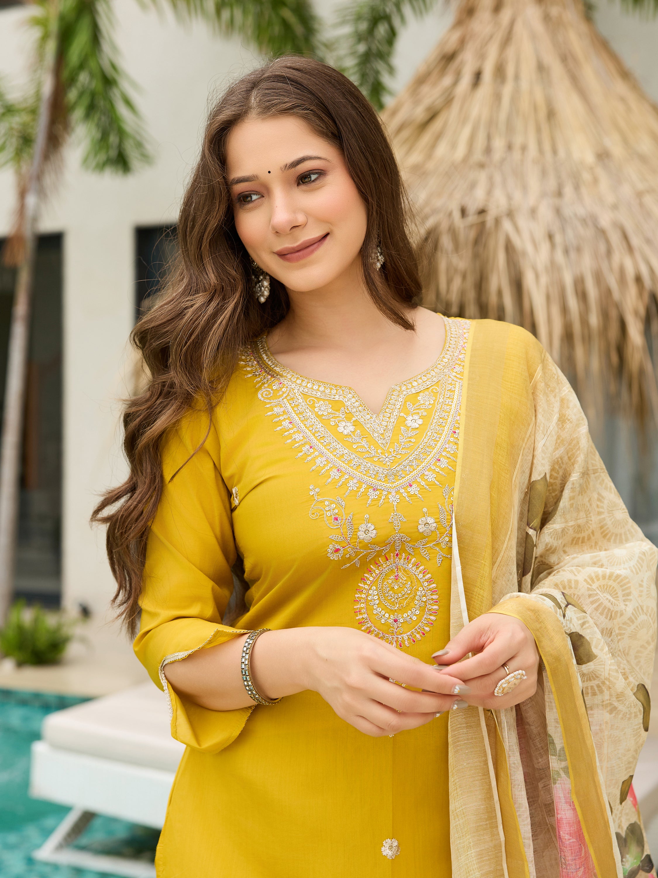 Elegant Mustard Yellow Viscose Kurti Set with Embroidered Neck & Floral Jacquard Dupatta