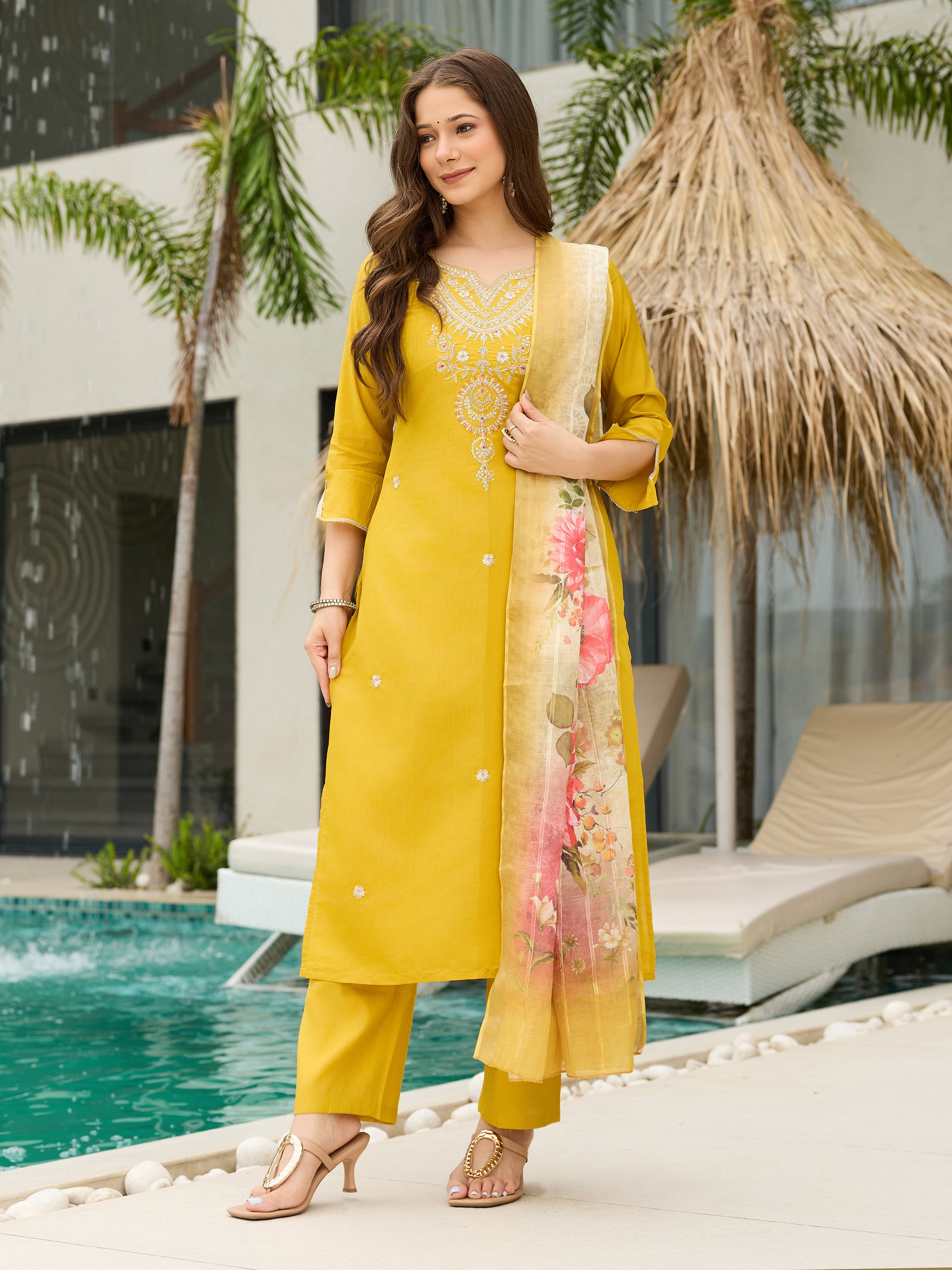 Elegant Mustard Yellow Viscose Kurti Set with Embroidered Neck & Floral Jacquard Dupatta