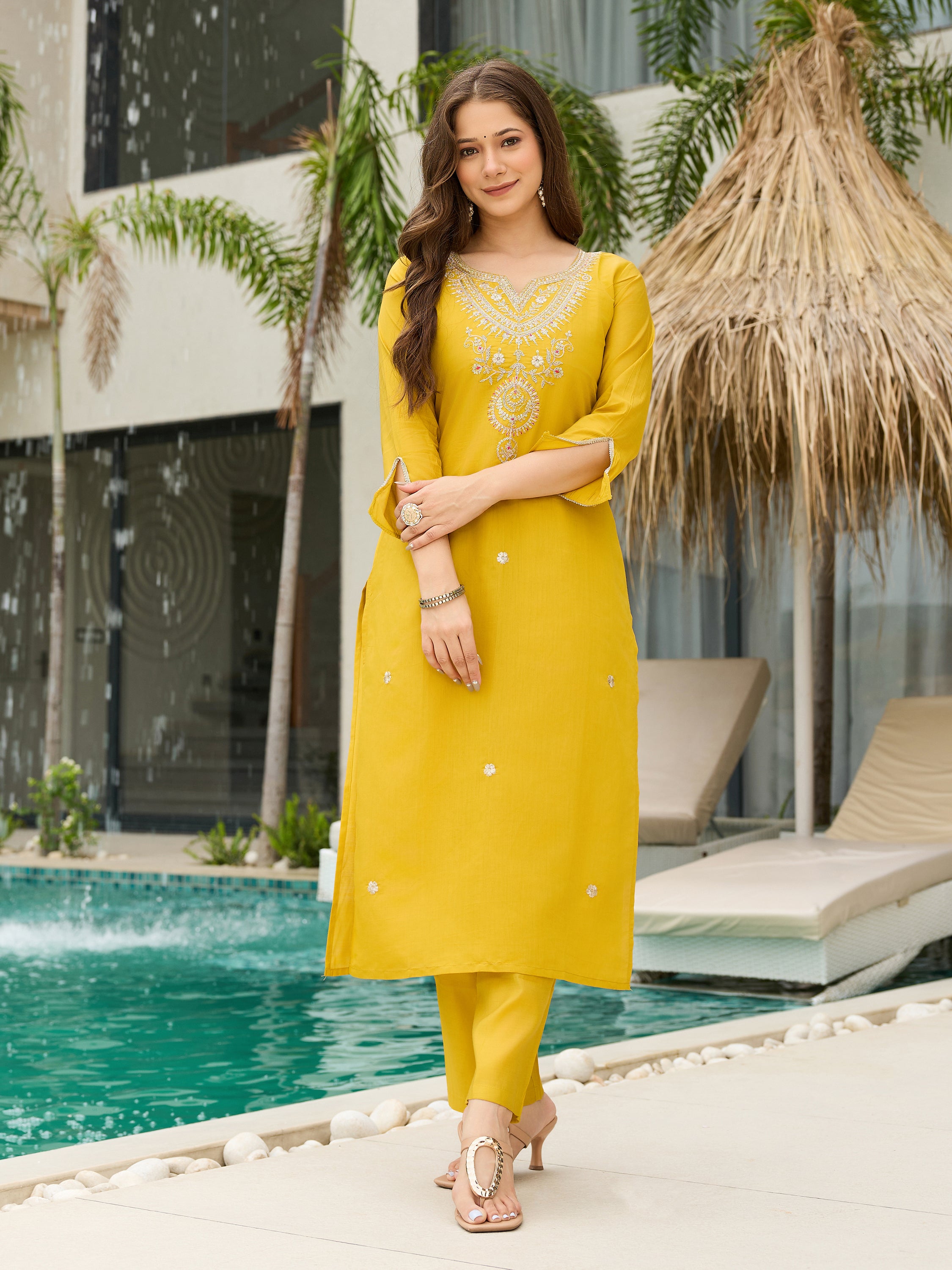 Elegant Mustard Yellow Viscose Kurti Set with Embroidered Neck & Floral Jacquard Dupatta