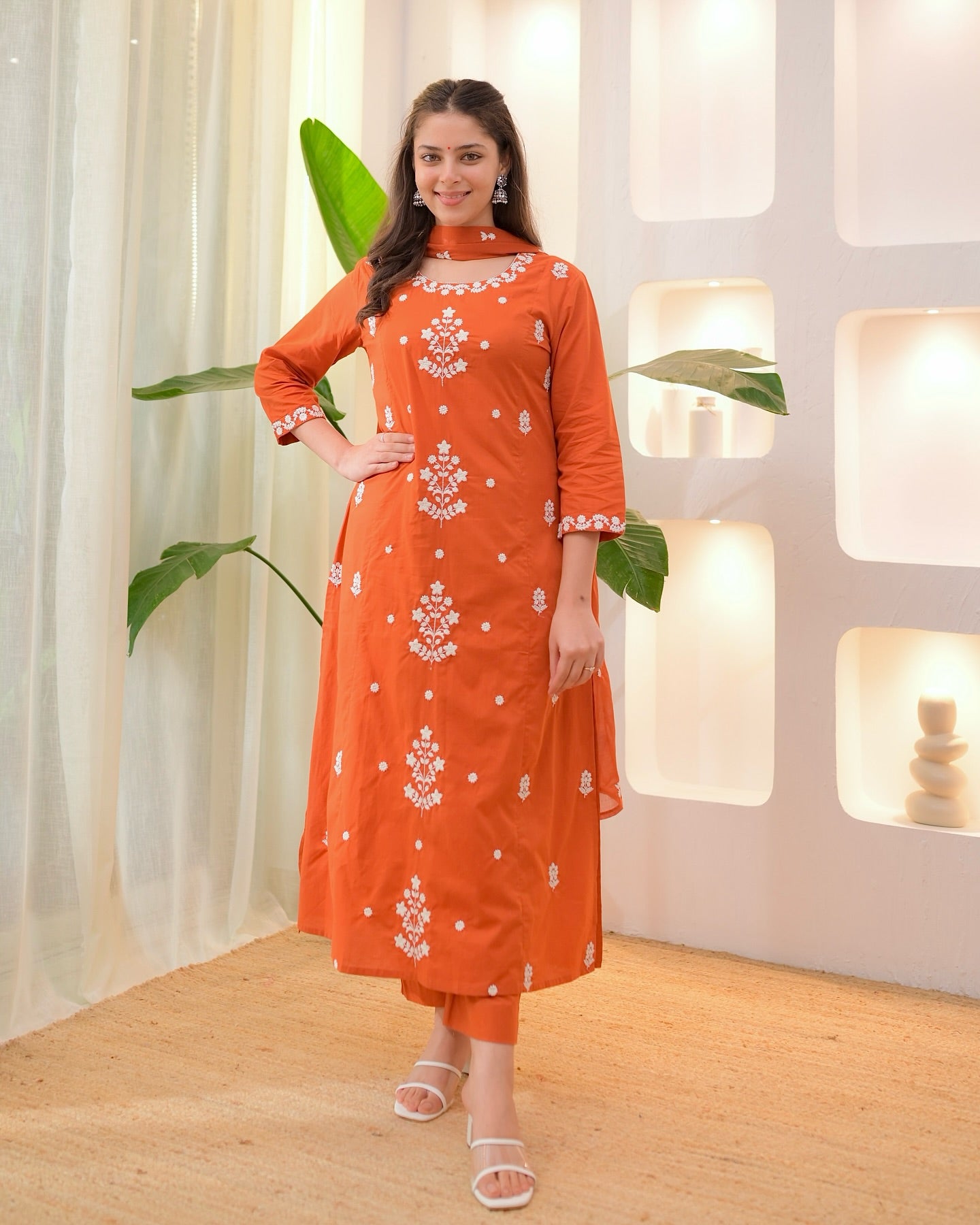 Elegant Orange Rayon Slub Embroidered Kurti Set with Chanderi Dupatta | Festive & Daily Wear