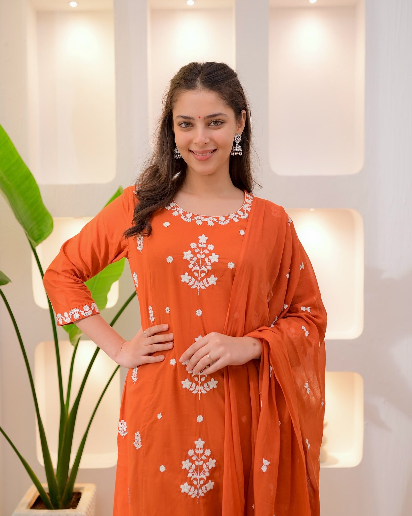 Elegant Orange Rayon Slub Embroidered Kurti Set with Chanderi Dupatta | Festive & Daily Wear