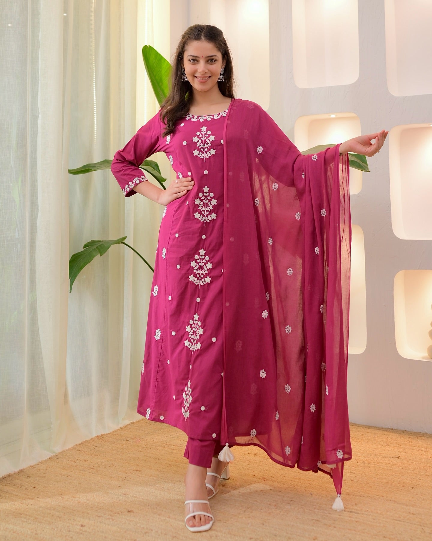 Elegant Pink Rayon Slub Embroidered Kurti Set with Chanderi Dupatta (3-Piece Set)