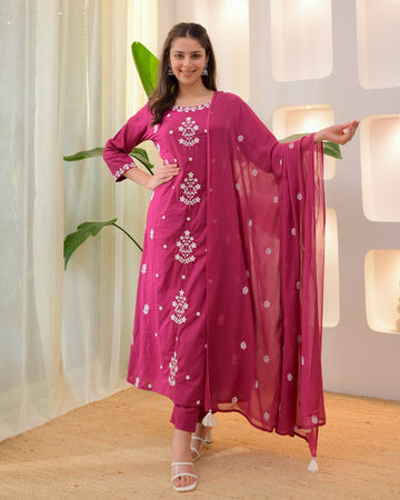 Elegant Pink Rayon Slub Embroidered Kurti Set with Chanderi Dupatta (3-Piece Set)