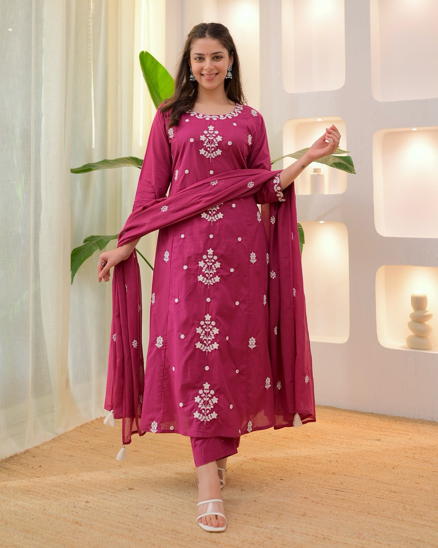 Elegant Pink Rayon Slub Embroidered Kurti Set with Chanderi Dupatta (3-Piece Set)
