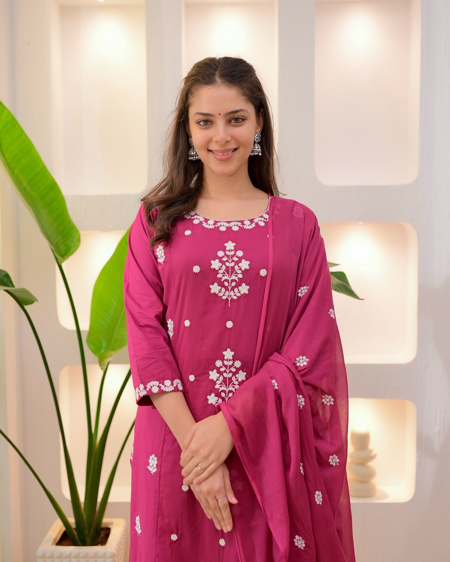 Elegant Pink Rayon Slub Embroidered Kurti Set with Chanderi Dupatta (3-Piece Set)
