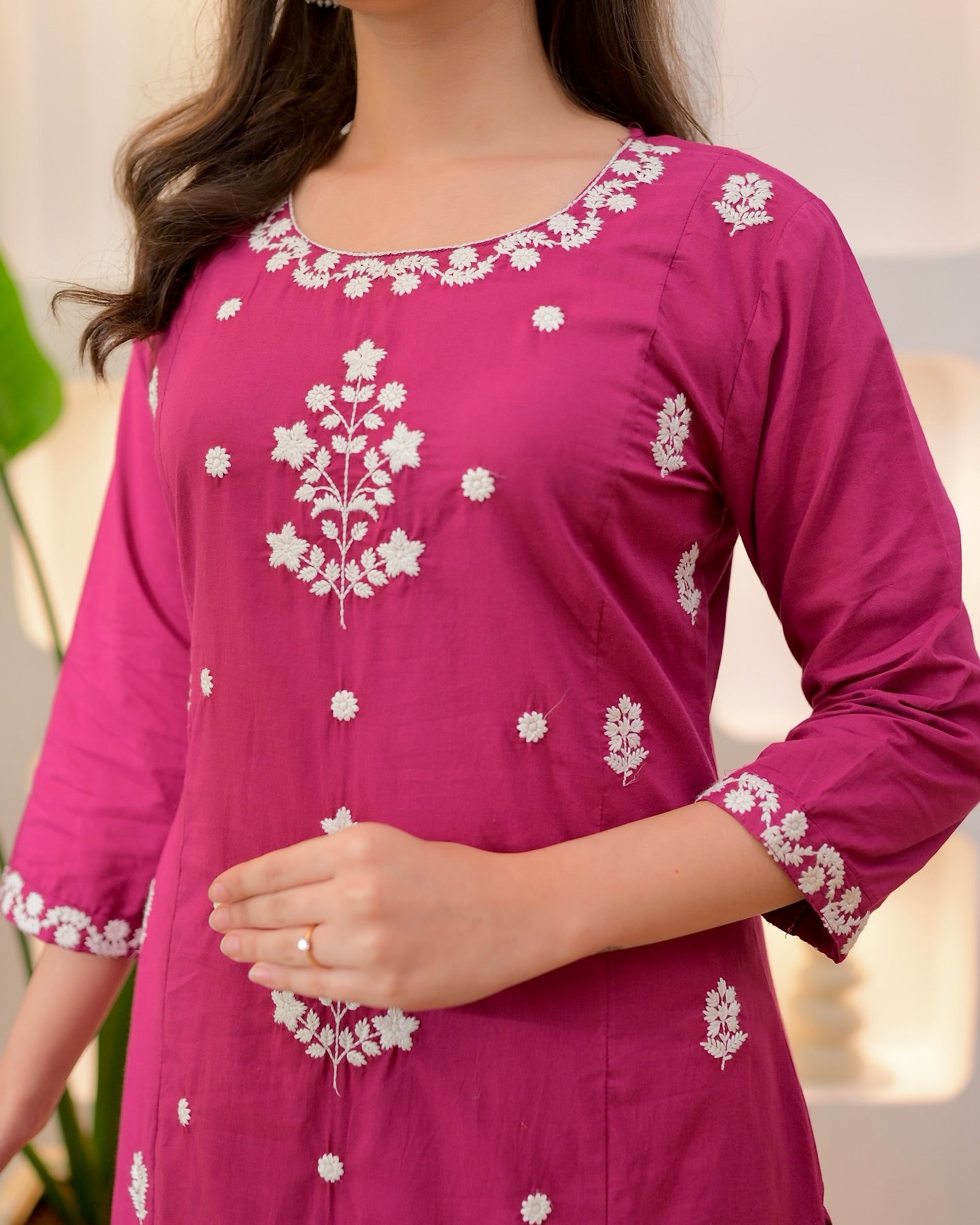 Elegant Pink Rayon Slub Embroidered Kurti Set with Chanderi Dupatta (3-Piece Set)