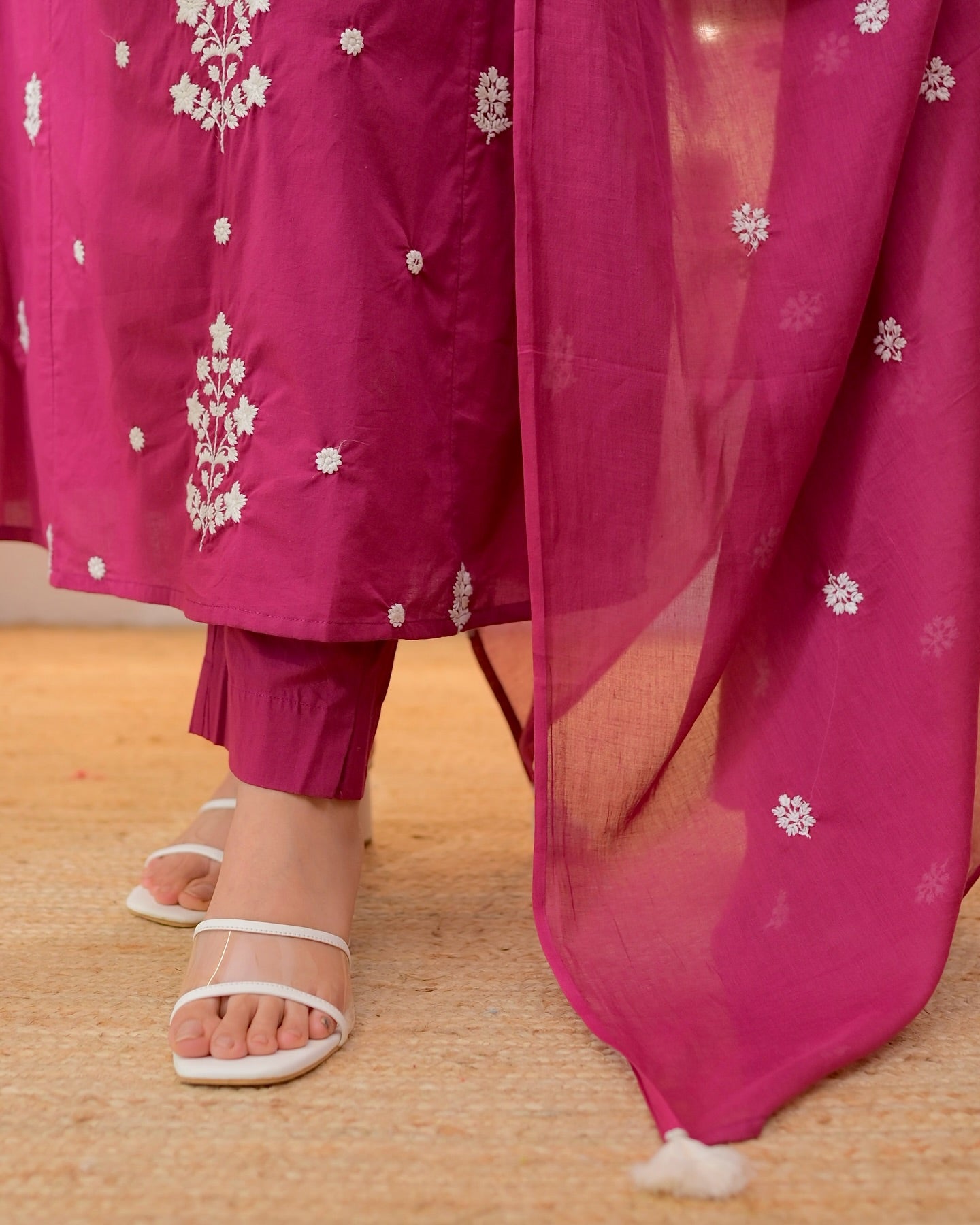 Elegant Pink Rayon Slub Embroidered Kurti Set with Chanderi Dupatta (3-Piece Set)