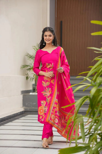 Elegant Pink Floral Printed French Crepe Kurti Set with Dupatta | Stylish Ethnic Wear for Women (S–XXL)